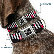 Dog Bone Black/Silver Seatbelt Buckle Collar - Love Me w/Sketch Stars & Stripes Black/White/Fuchsia
