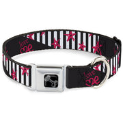 Dog Bone Black/Silver Seatbelt Buckle Collar - Love Me w/Sketch Stars & Stripes Black/White/Fuchsia