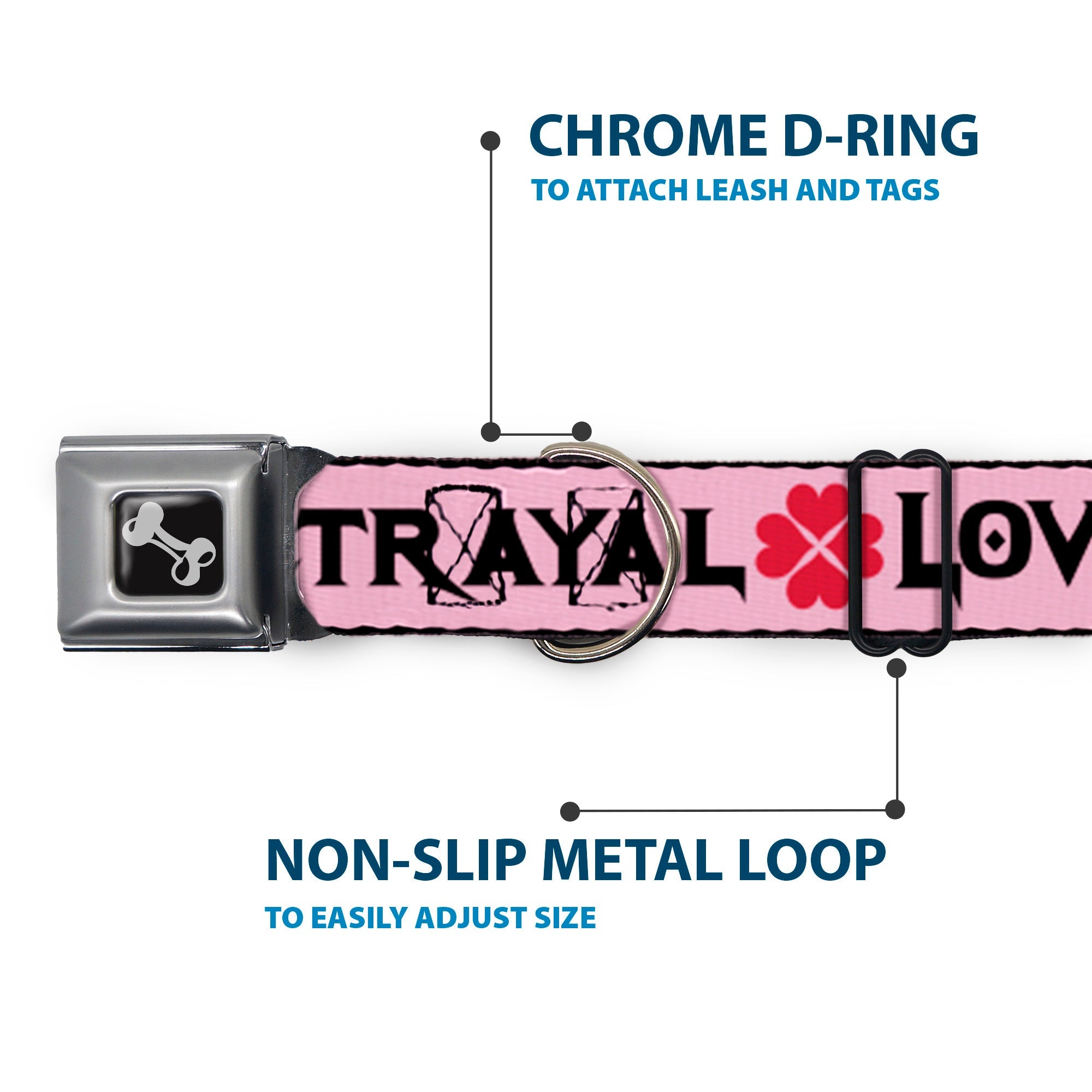 Dog Bone Seatbelt Buckle Collar - Love/Hate/Betrayal Pink/Black/Fuchsia