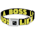 Load image into Gallery viewer, Dog Bone Black/Silver Seatbelt Buckle Collar - LIKE A BOSS Black/Yellow
