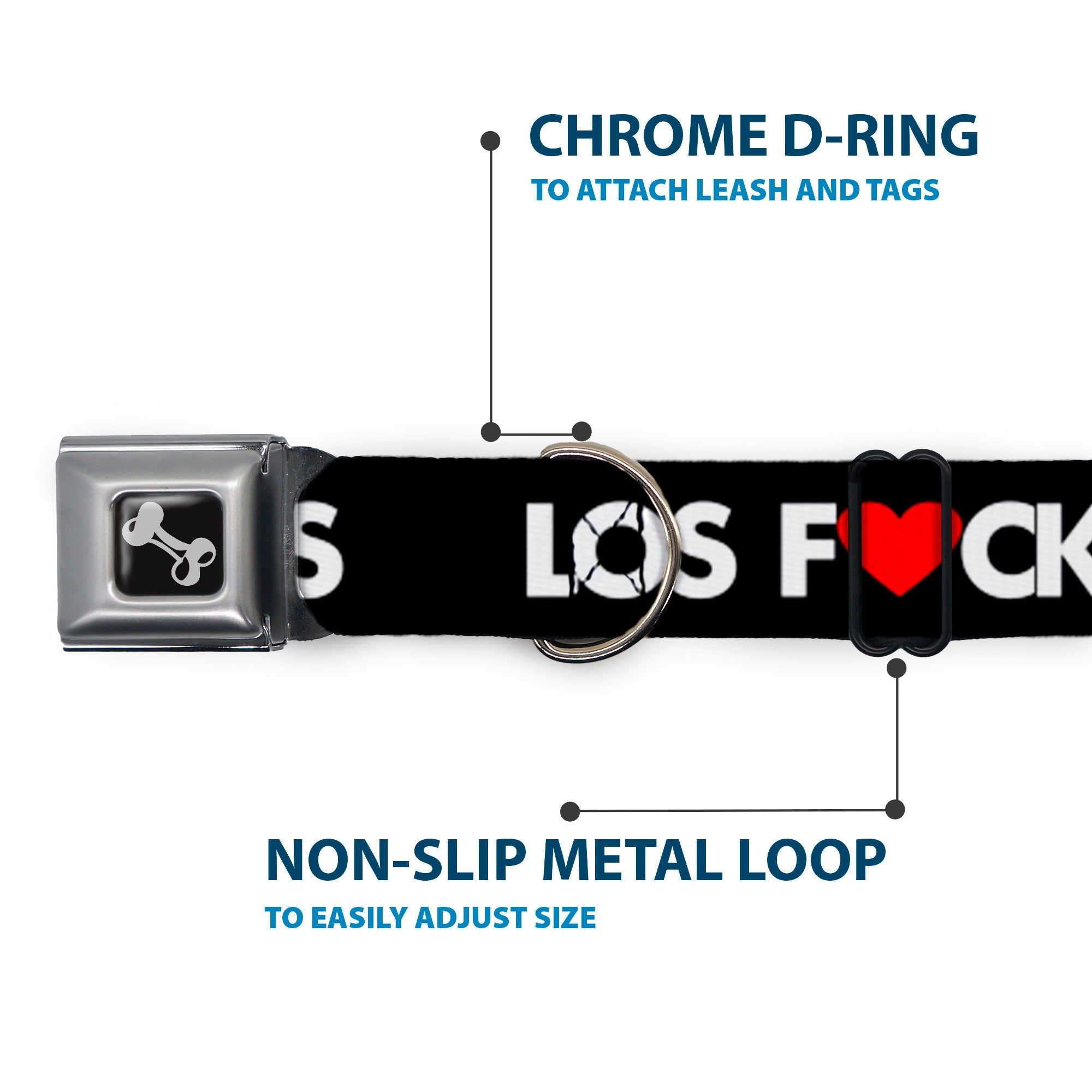 Dog Bone Seatbelt Buckle Collar - LOS F*CKIN' ANGELES Heart Black/White/Red