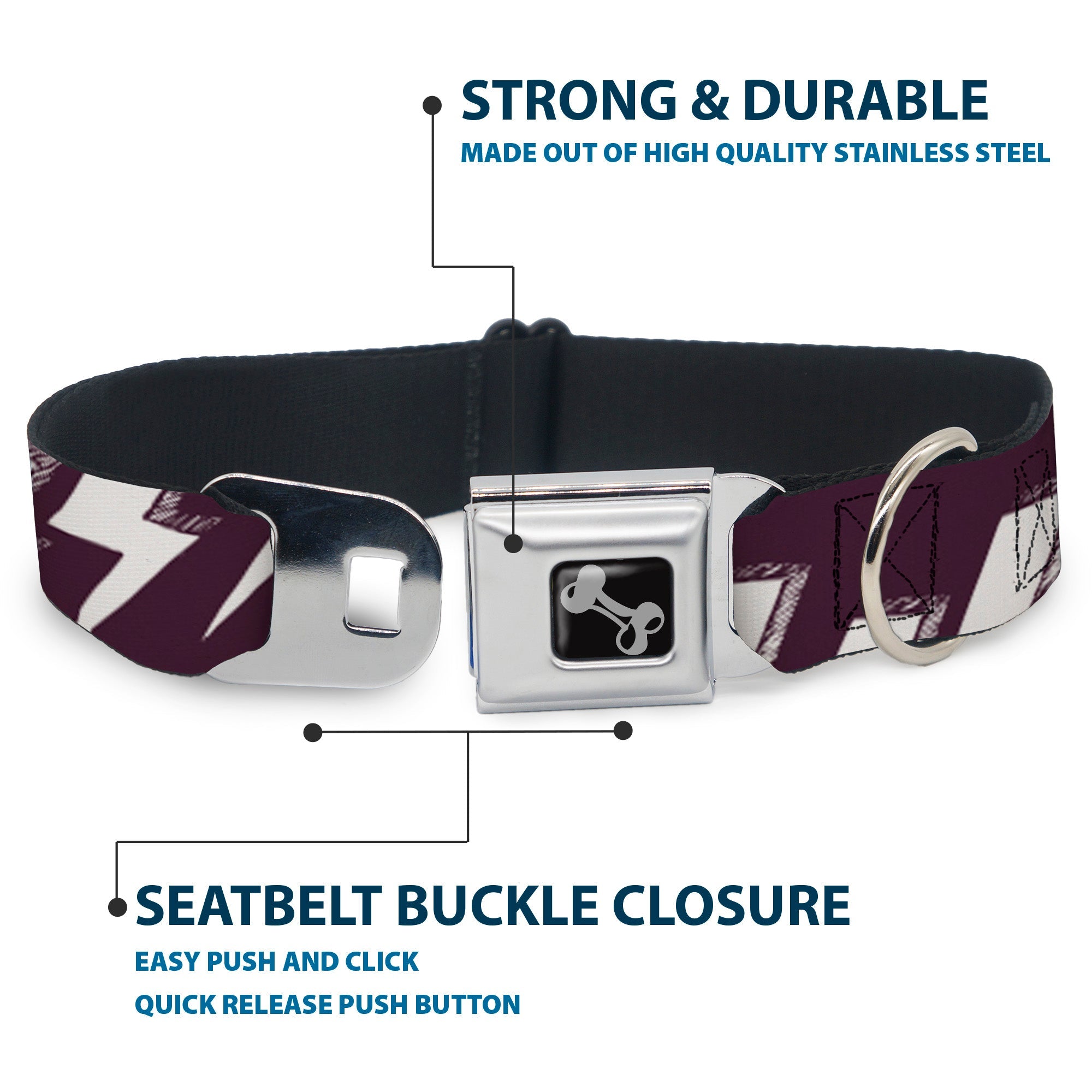 Dog Bone Seatbelt Buckle Collar - Lightning Bolts Sketch Plum/White