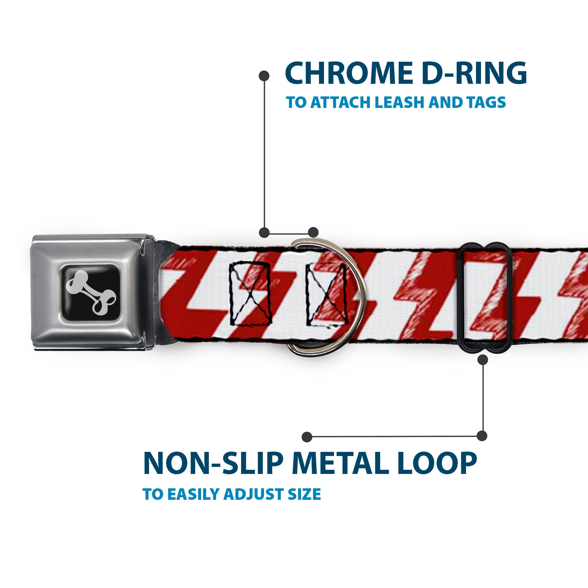 Dog Bone Seatbelt Buckle Collar - Lightning Bolts Sketch Red/White