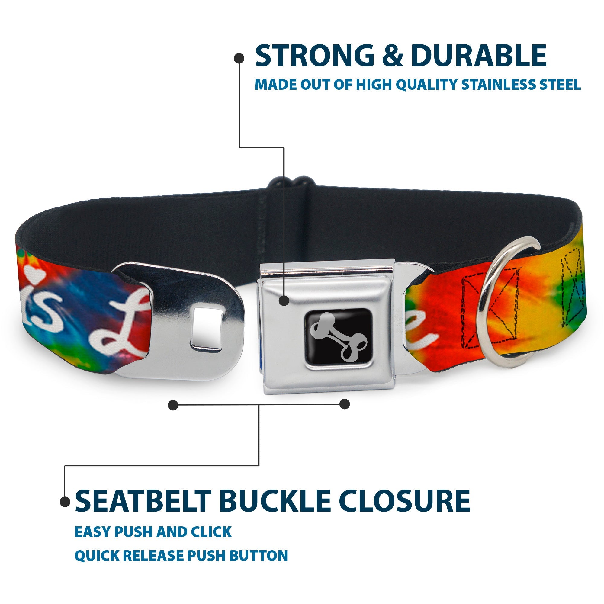 Dog Bone Seatbelt Buckle Collar - LOVE IS LOVE BD Tie Dye/White
