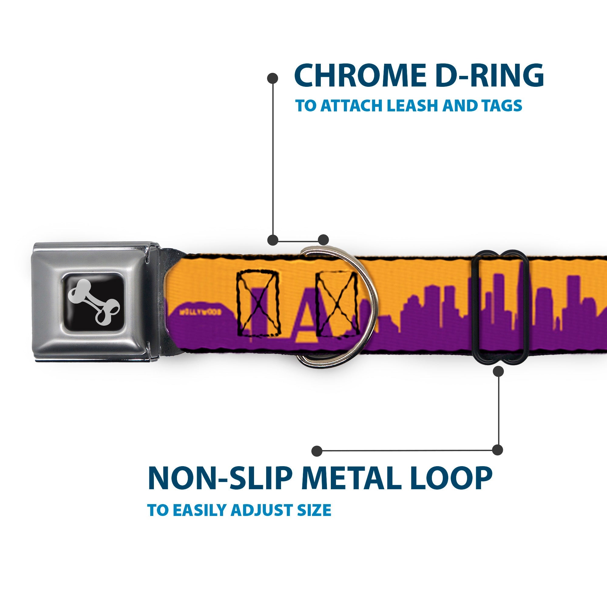 Dog Bone Black/Silver Seatbelt Buckle Collar - Los Angeles Solid Skyline/LA Gold/Purple