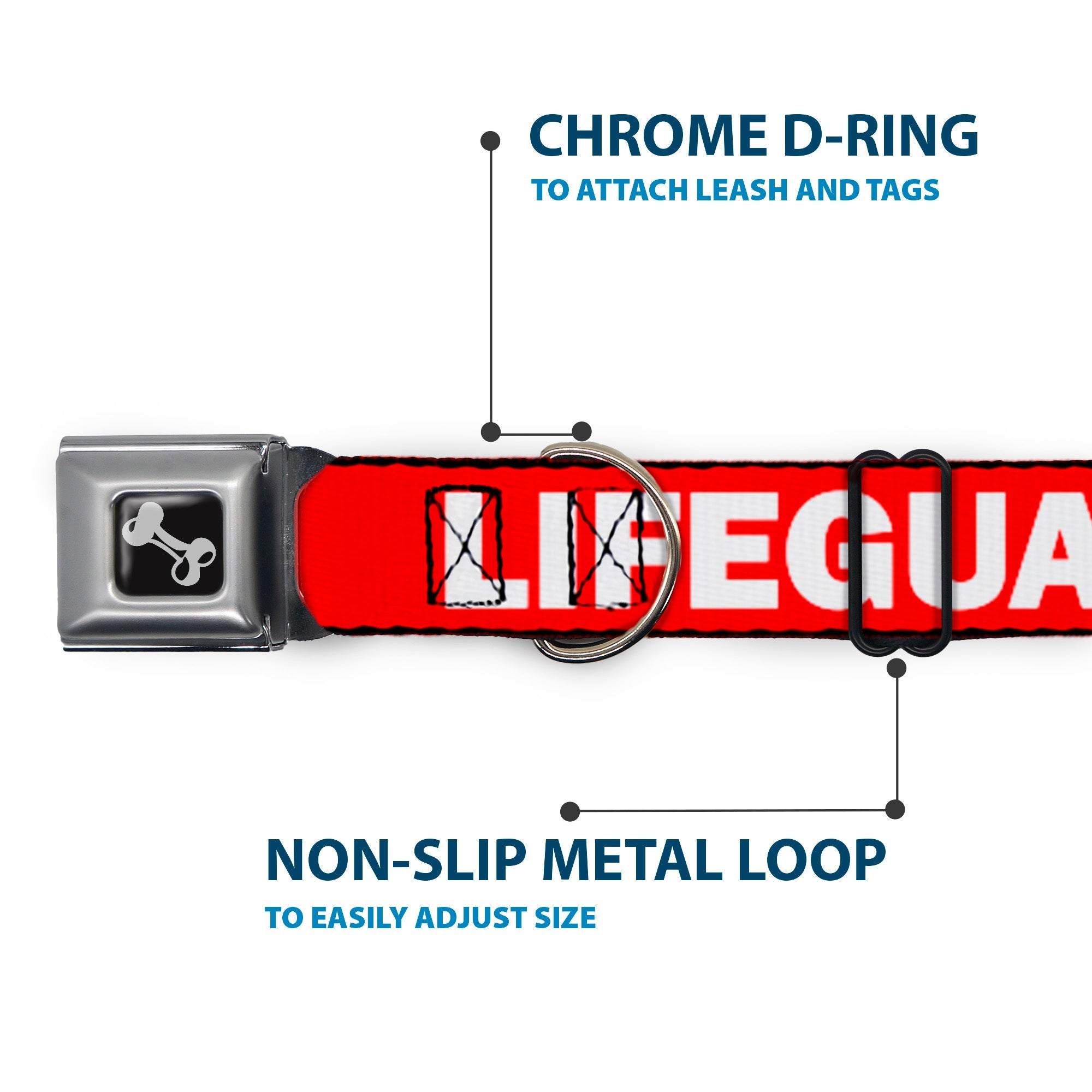 Dog Bone Seatbelt Buckle Collar - LIFEGUARD/Logo Red/White
