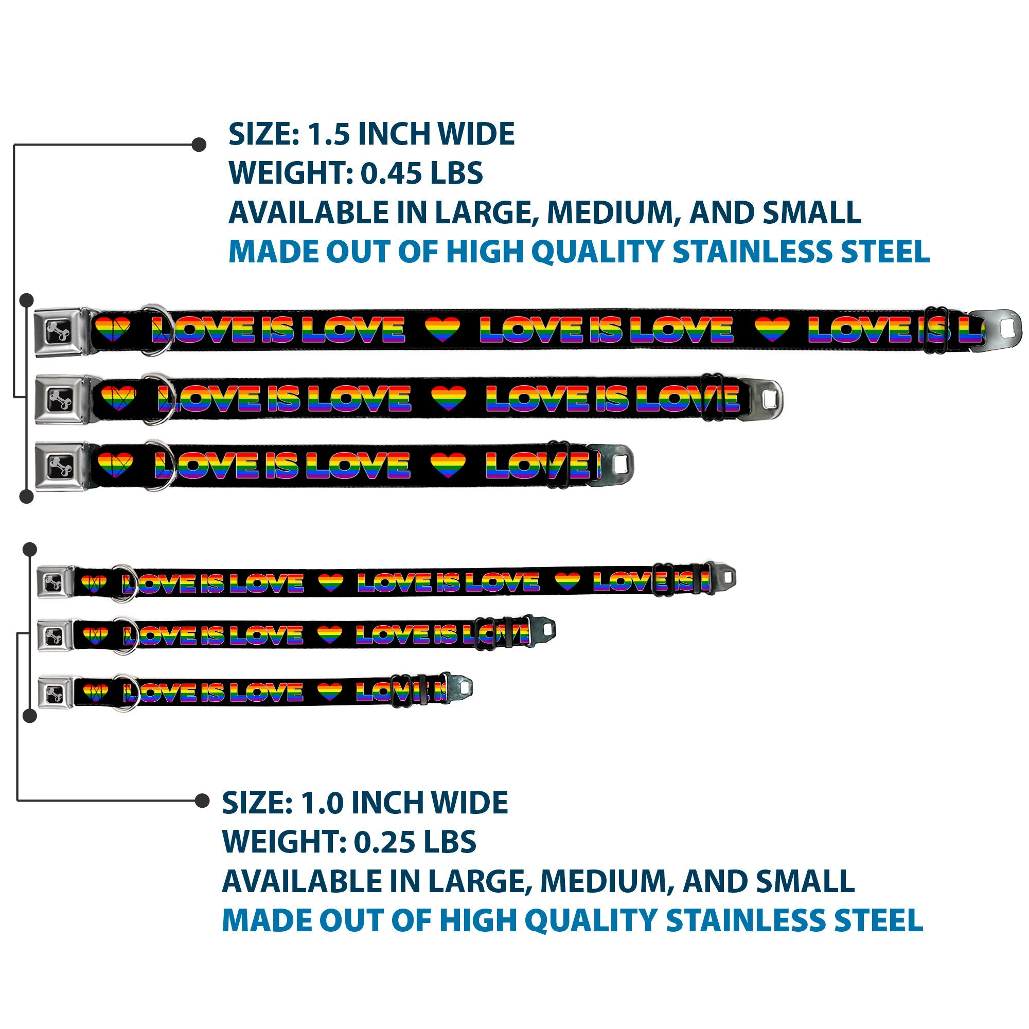 Dog Bone Black/Silver Seatbelt Buckle Collar - LOVE IS LOVE/Heart Black/Rainbow