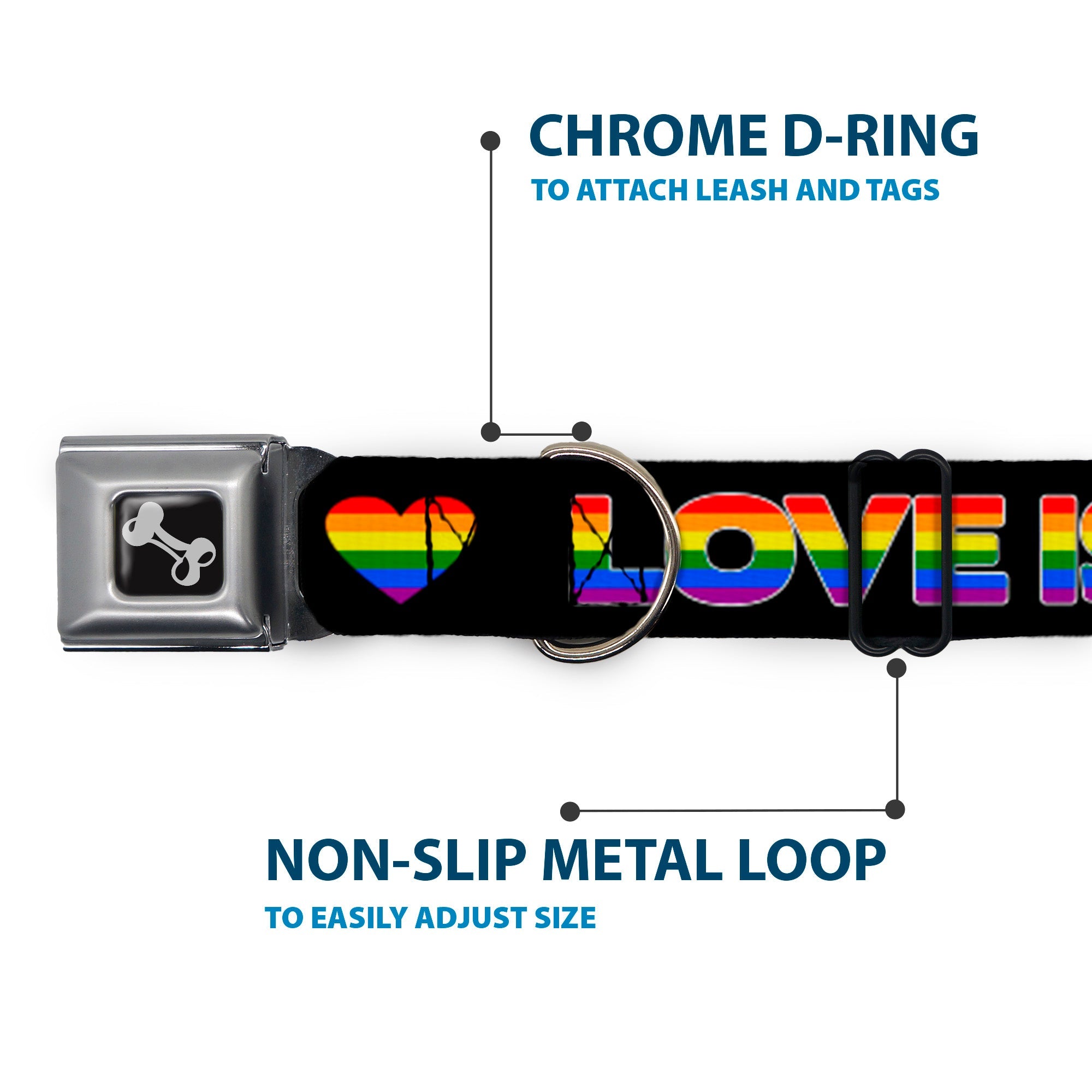 Dog Bone Black/Silver Seatbelt Buckle Collar - LOVE IS LOVE/Heart Black/Rainbow