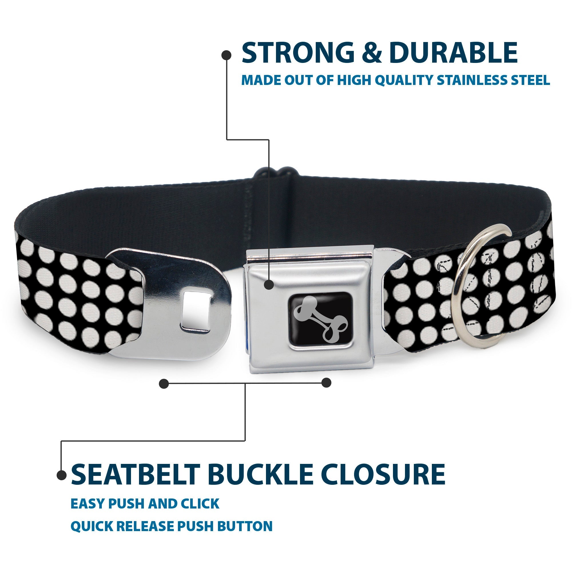 Dog Bone Seatbelt Buckle Collar - Mini Polka Dots Black/White