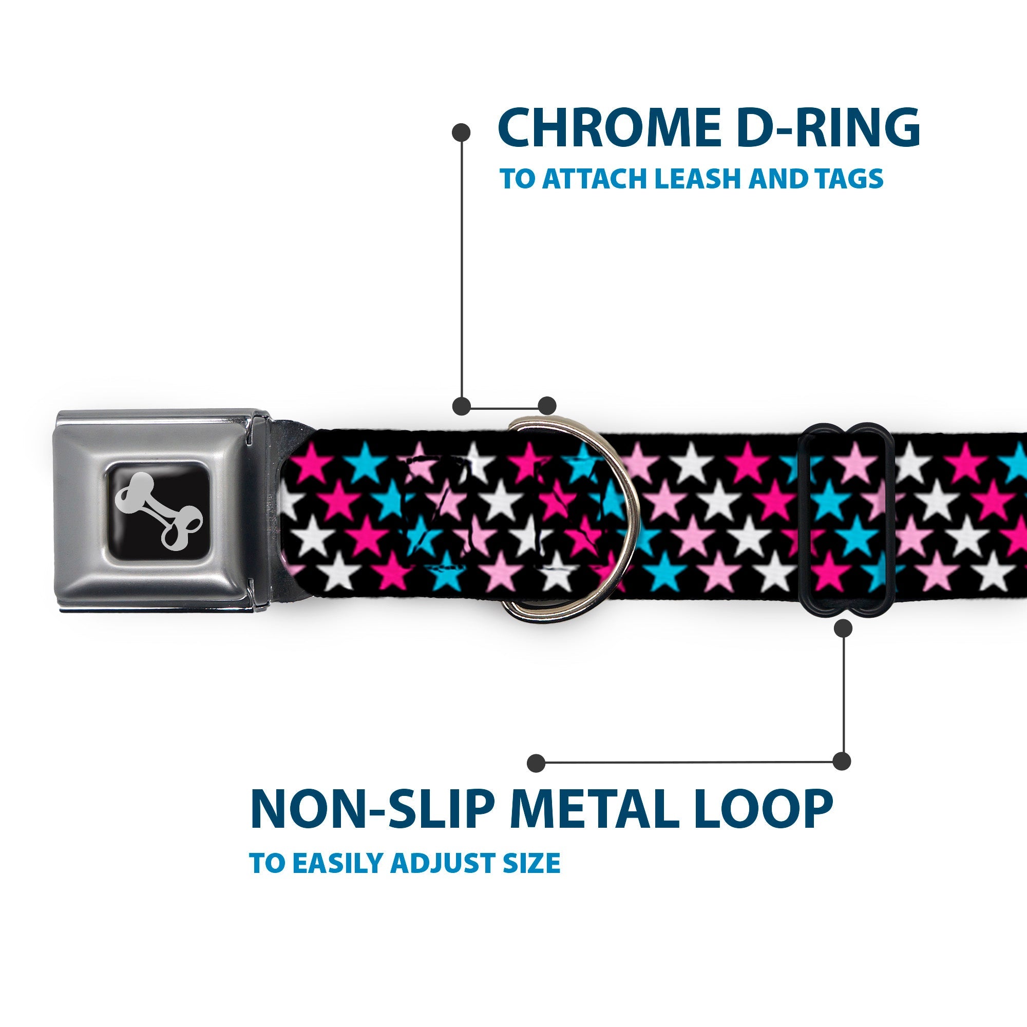 Dog Bone Seatbelt Buckle Collar - Mini Stars Black/Pink/Blue/White