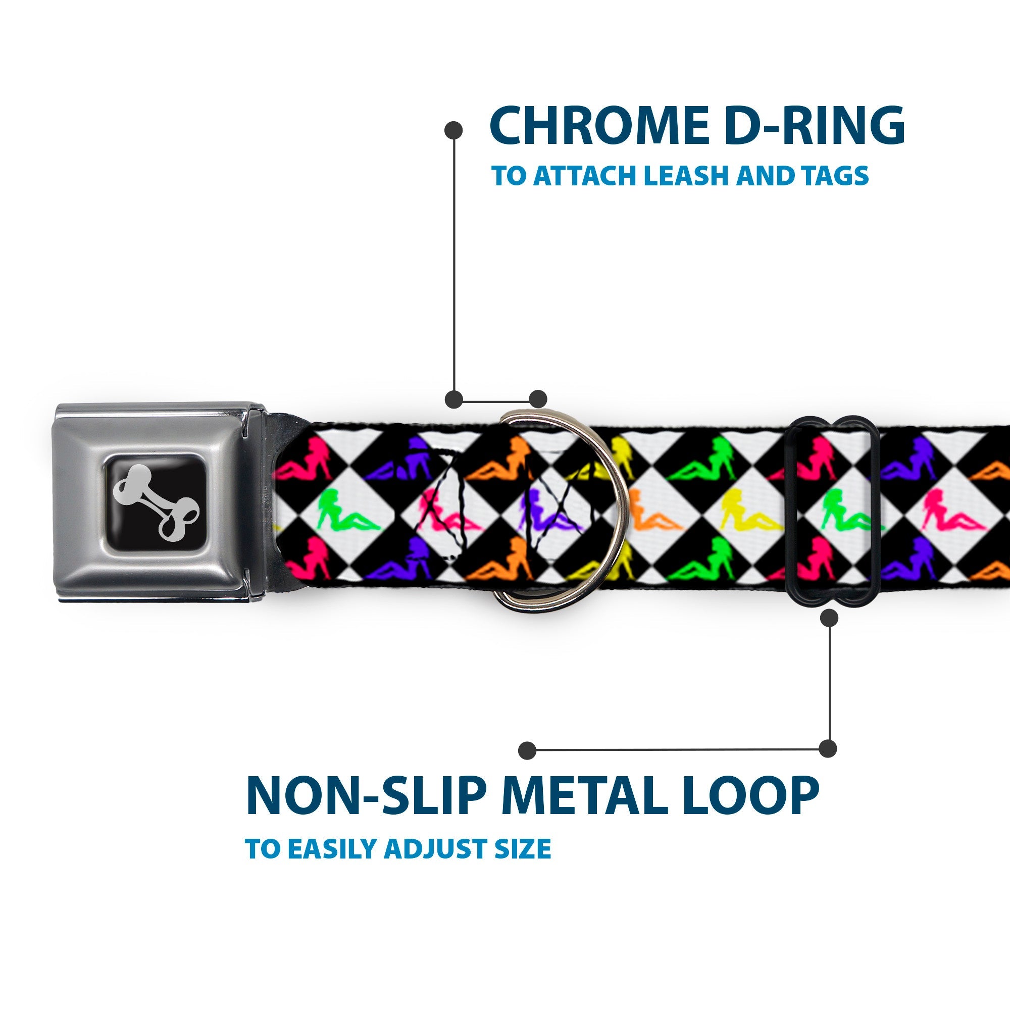 Southlake Paws Dog Bone Seatbelt Buckle Collar features a colorful diamond pattern with a chrome D-ring and non-slip metal lo
