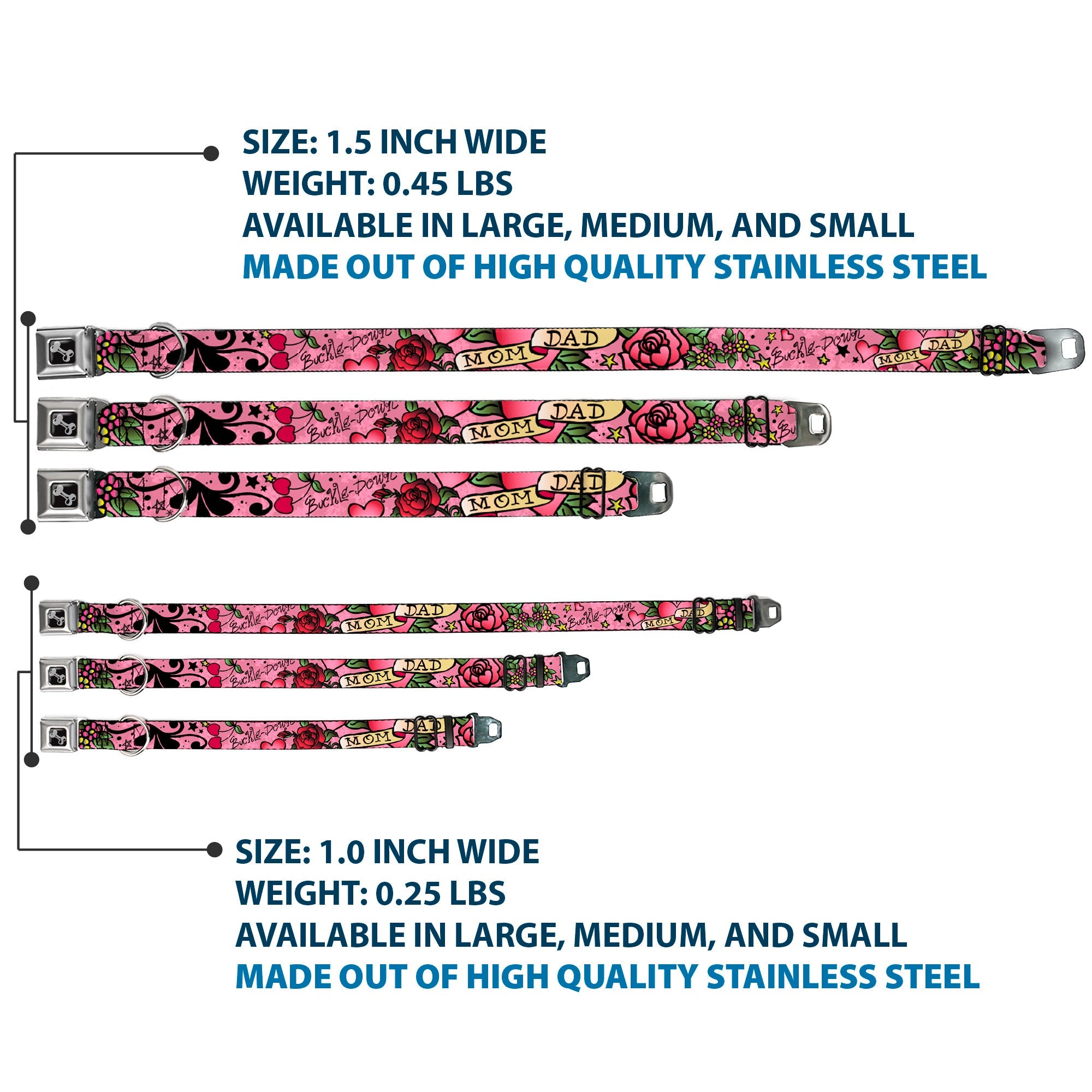 Dog Bone Seatbelt Buckle Collar - Mom & Dad Pink
