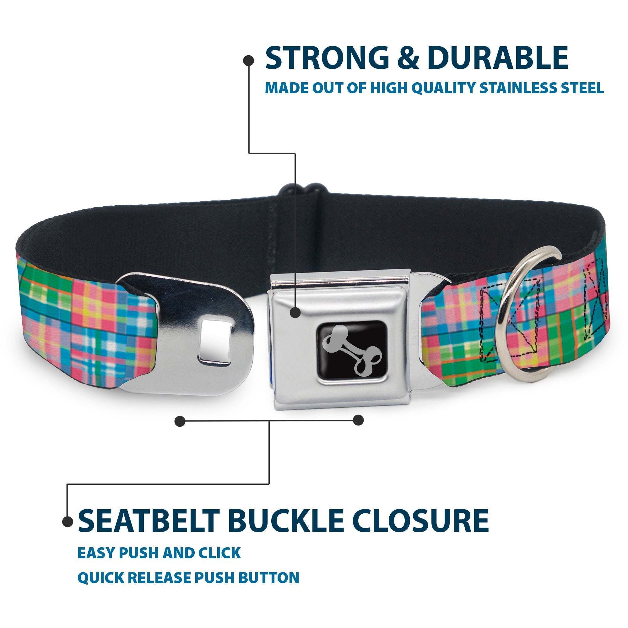 Southlake Paws Dog Bone Seatbelt Buckle Collar in Madras Plaid Pink features a durable stainless steel buckle and colorful pl