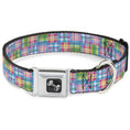 Load image into Gallery viewer, Madras Plaid Pink dog collar from Southlake Paws featuring a seatbelt buckle and a silver bone-shaped charm.
