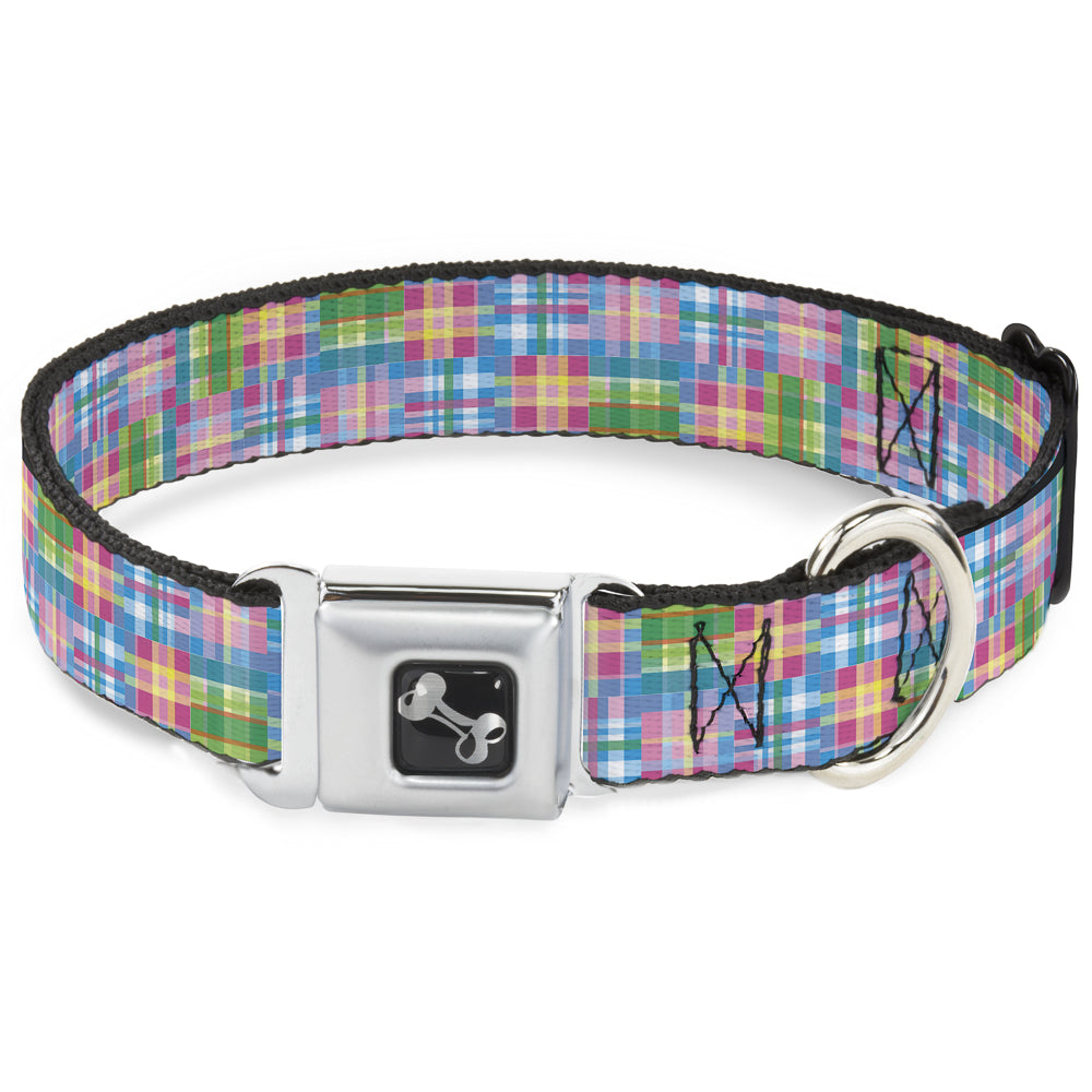 Madras Plaid Pink dog collar from Southlake Paws featuring a seatbelt buckle and a silver bone-shaped charm.