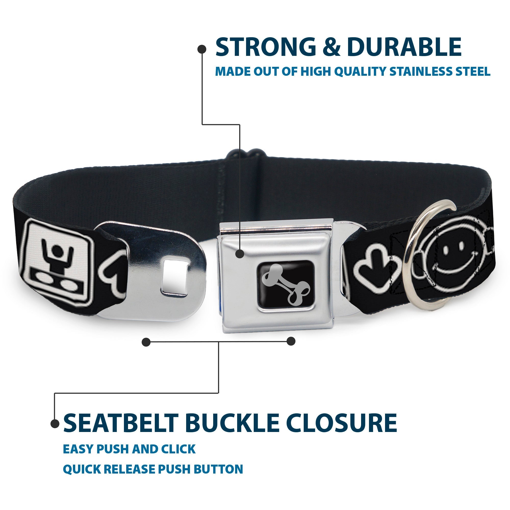 Dog Bone Seatbelt Buckle Collar - Music Happy Face