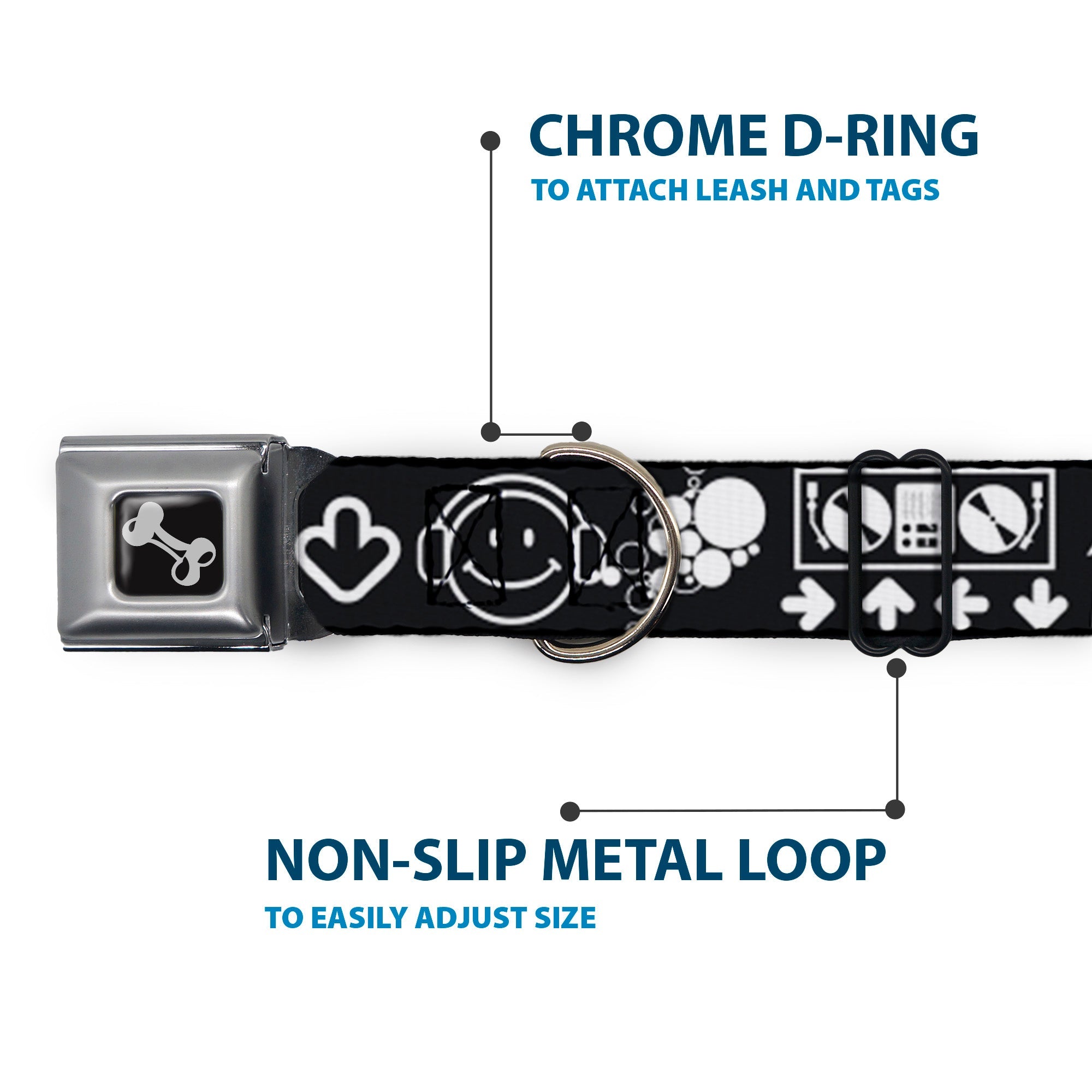 Dog Bone Seatbelt Buckle Collar - Music Happy Face