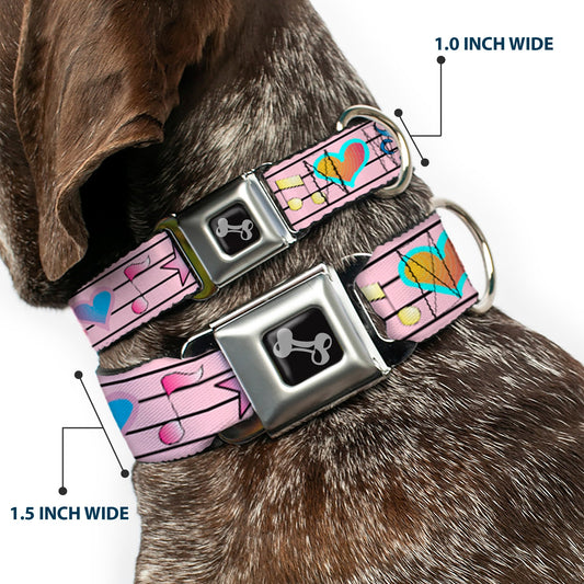 Dog Bone Seatbelt Buckle Collar - Music Notes Pink