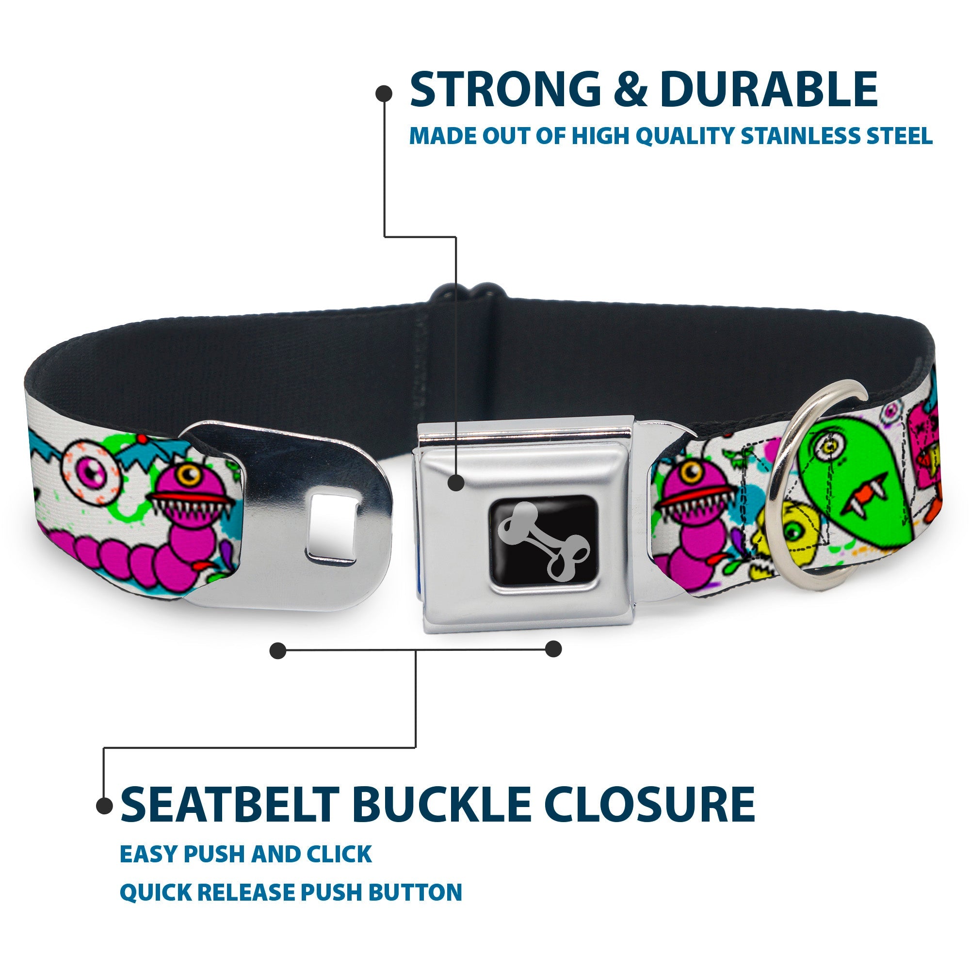 Dog Bone Seatbelt Buckle Collar - Monsters White