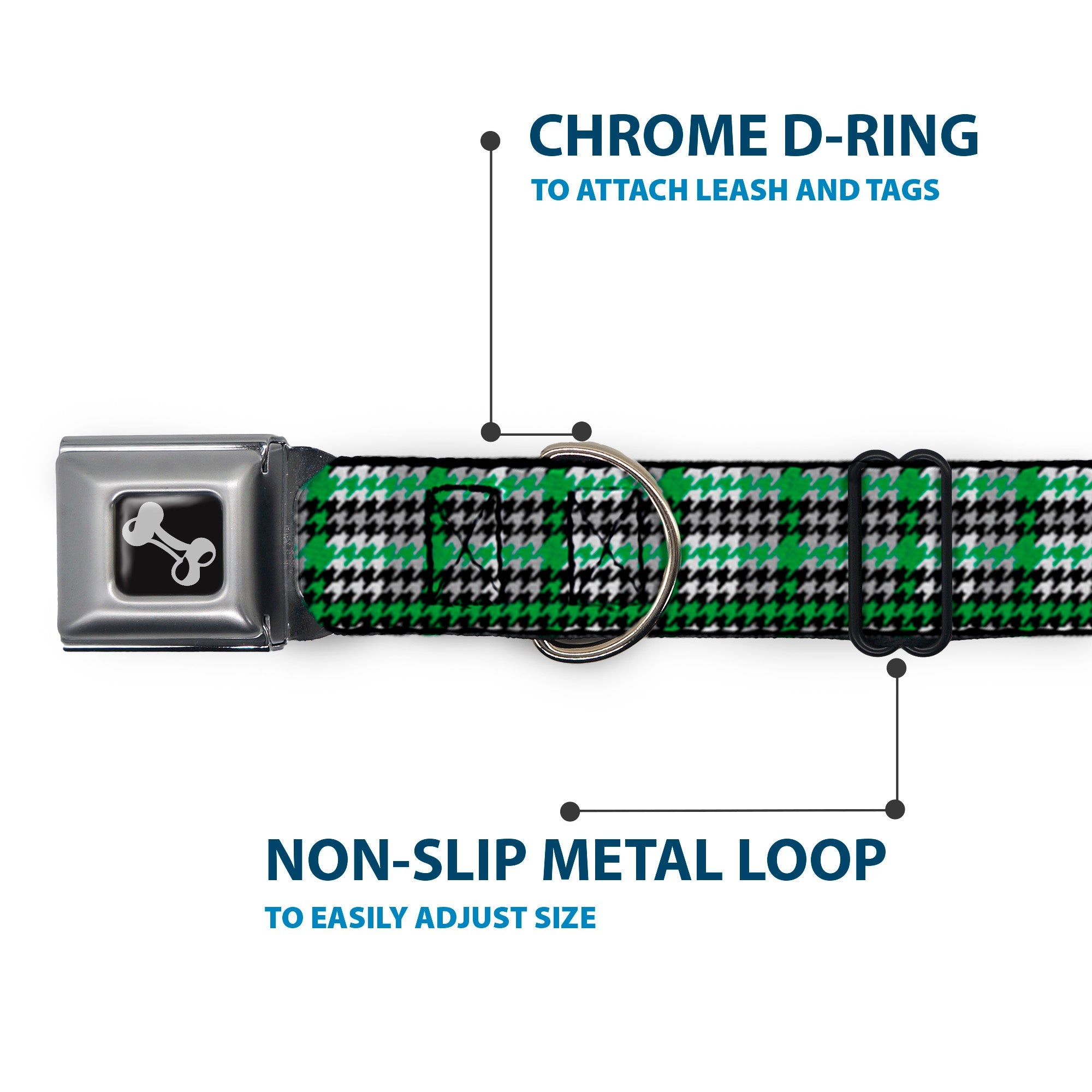 Dog Bone Seatbelt Buckle Collar - Mini Houndstooth Green/Black/Gray