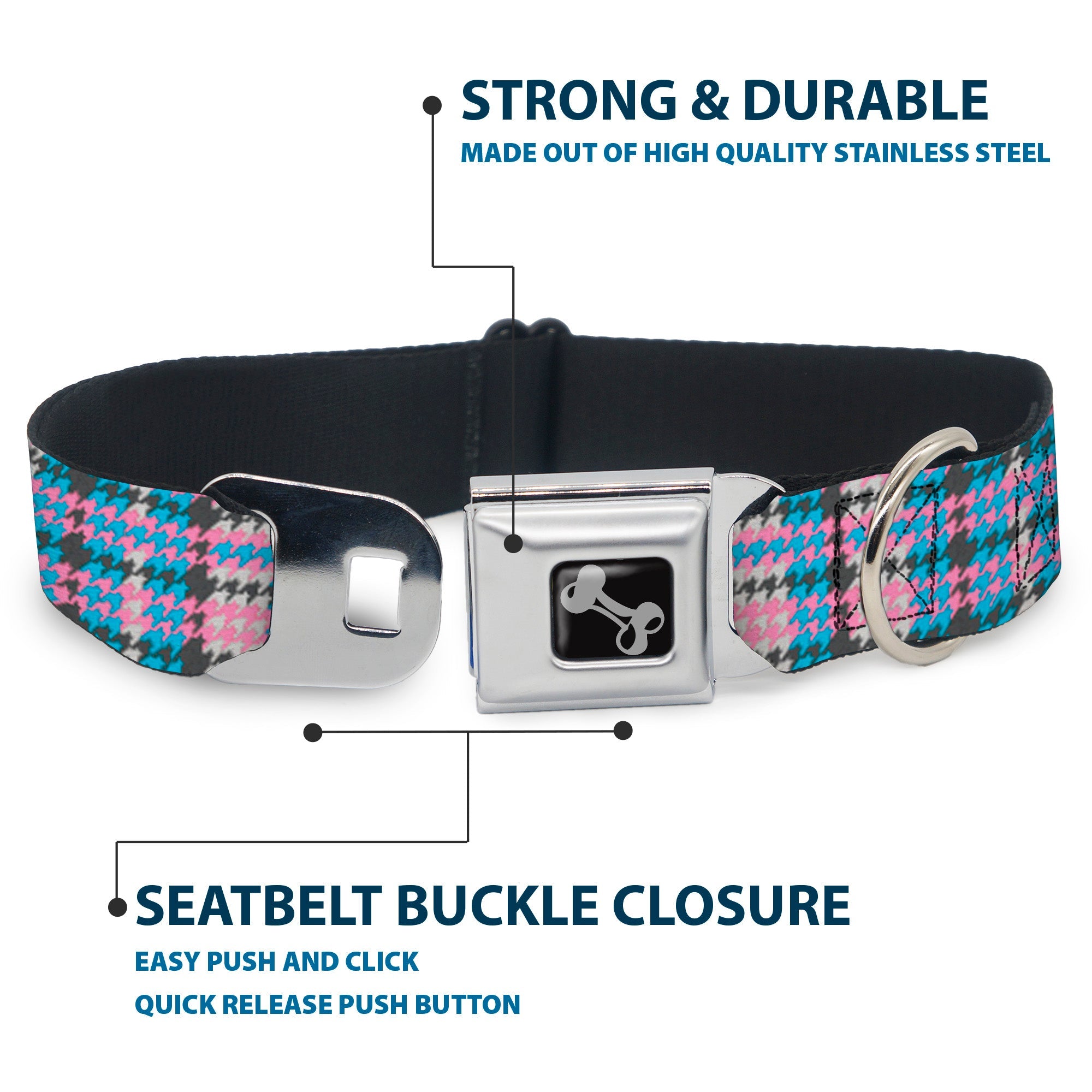 Southlake Paws Dog Bone Seatbelt Buckle Collar in mini houndstooth gray, baby blue, and pink with stainless steel buckle.