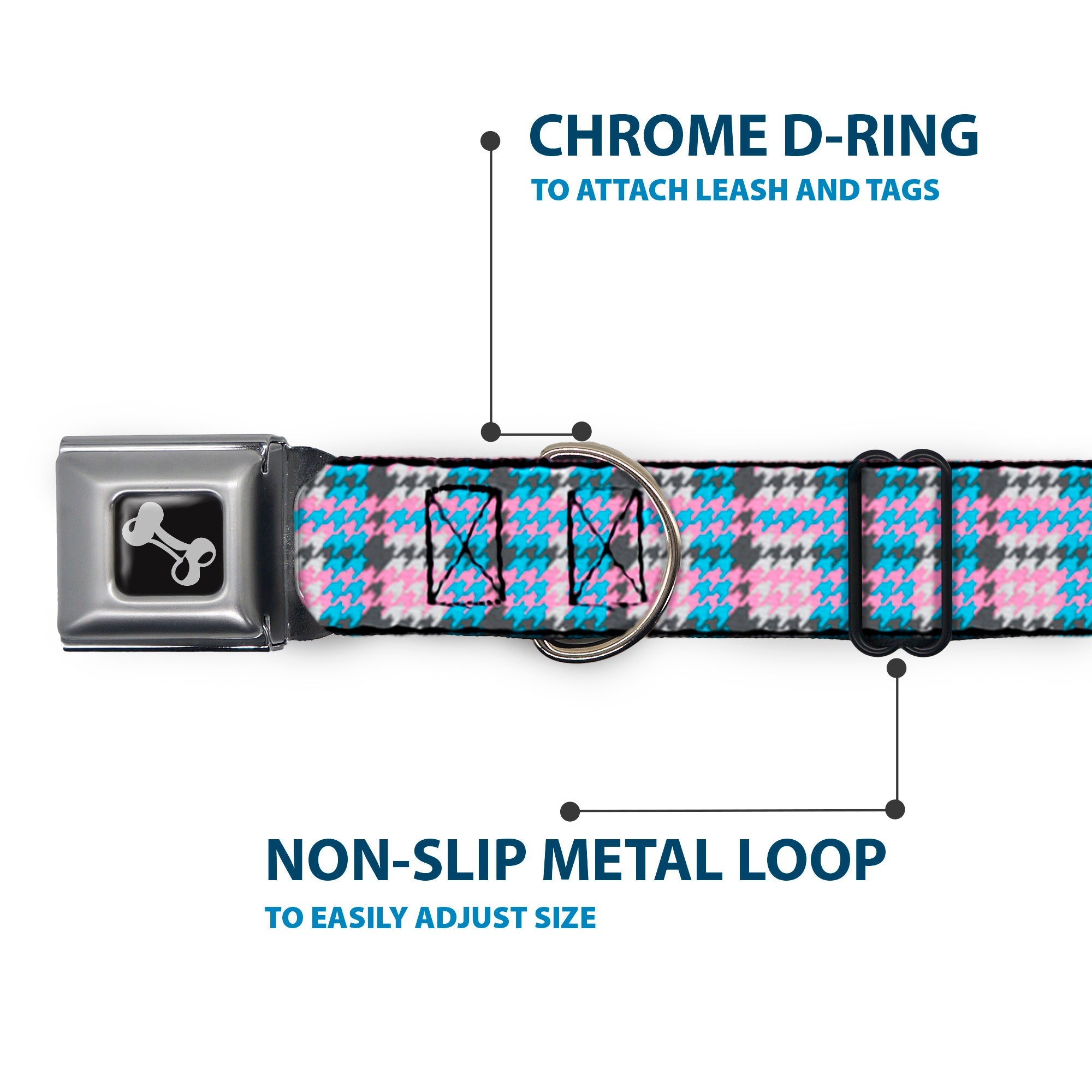 Dog Bone Seatbelt Buckle Collar in Mini Houndstooth Gray, Baby Blue, and Pink with chrome D-ring and adjustable metal loop.