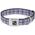 Load image into Gallery viewer, Mini Houndstooth Gray/Baby Blue/Pink dog collar with a bone-shaped seatbelt buckle and metal D-ring for leash attachment.
