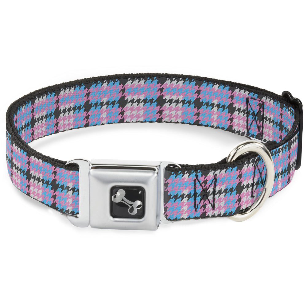 Mini Houndstooth Gray/Baby Blue/Pink dog collar with a bone-shaped seatbelt buckle and metal D-ring for leash attachment.