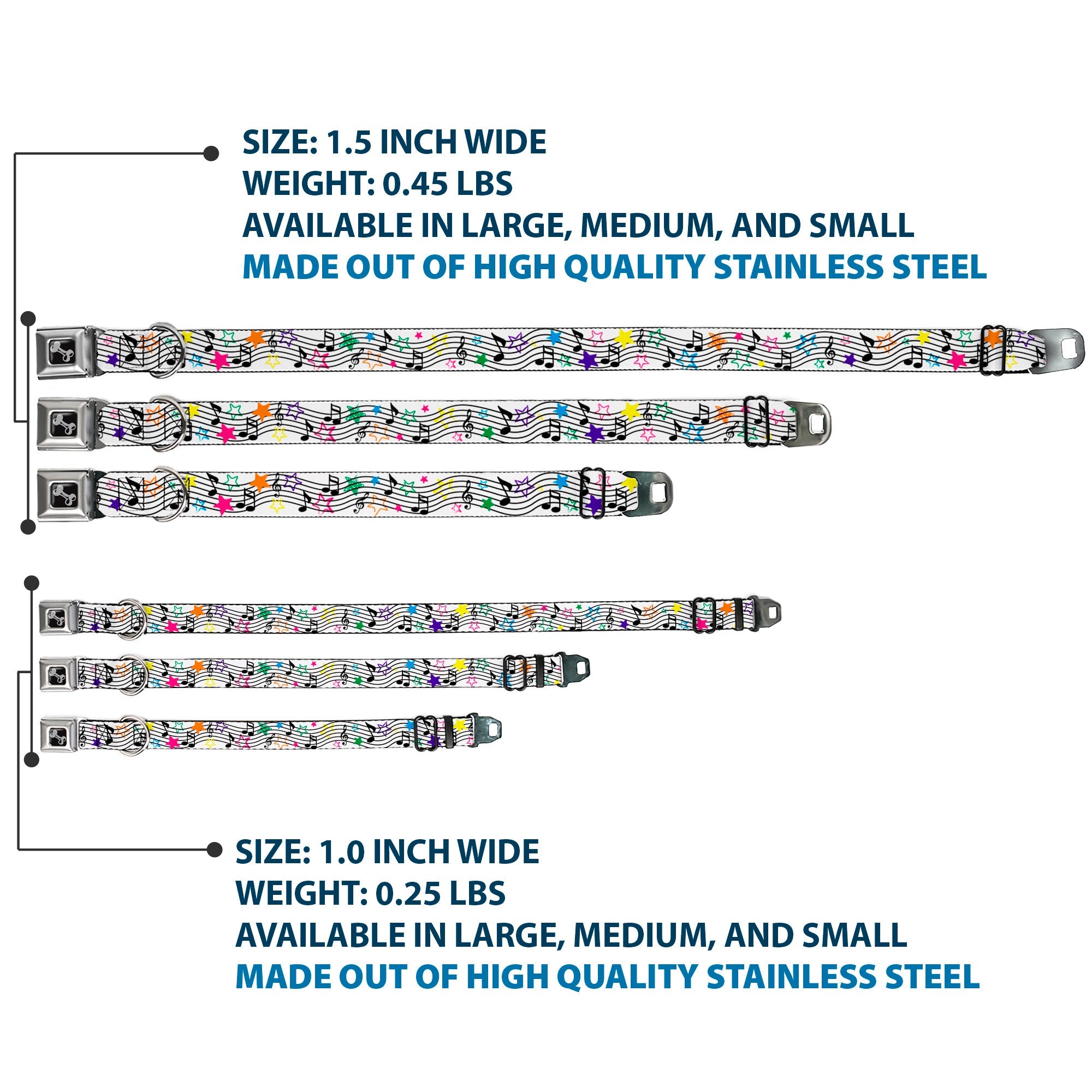 Dog Bone Seatbelt Buckle Collar - Music Notes Stars White/Black/Multi Color