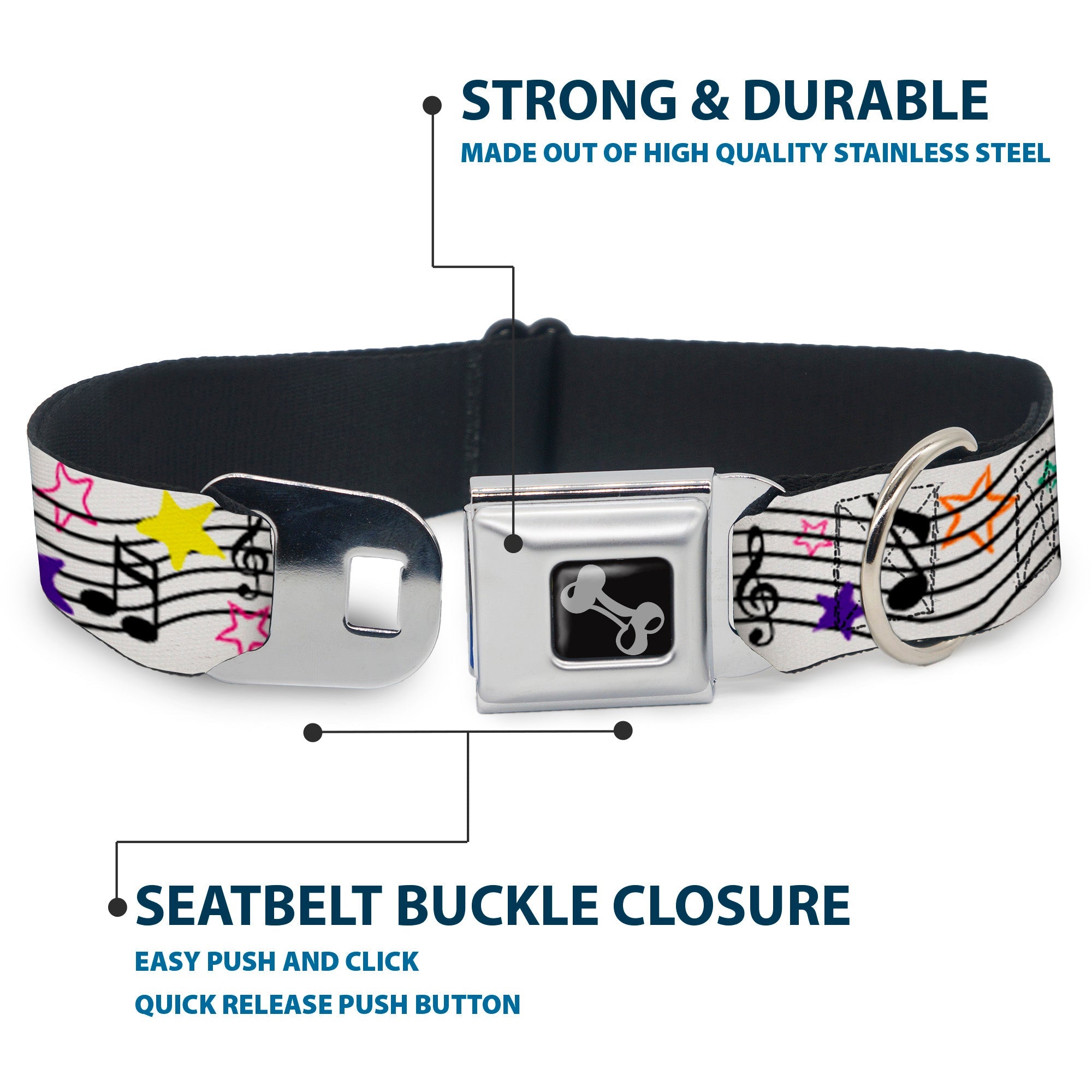 Dog Bone Seatbelt Buckle Collar - Music Notes Stars White/Black/Multi Color