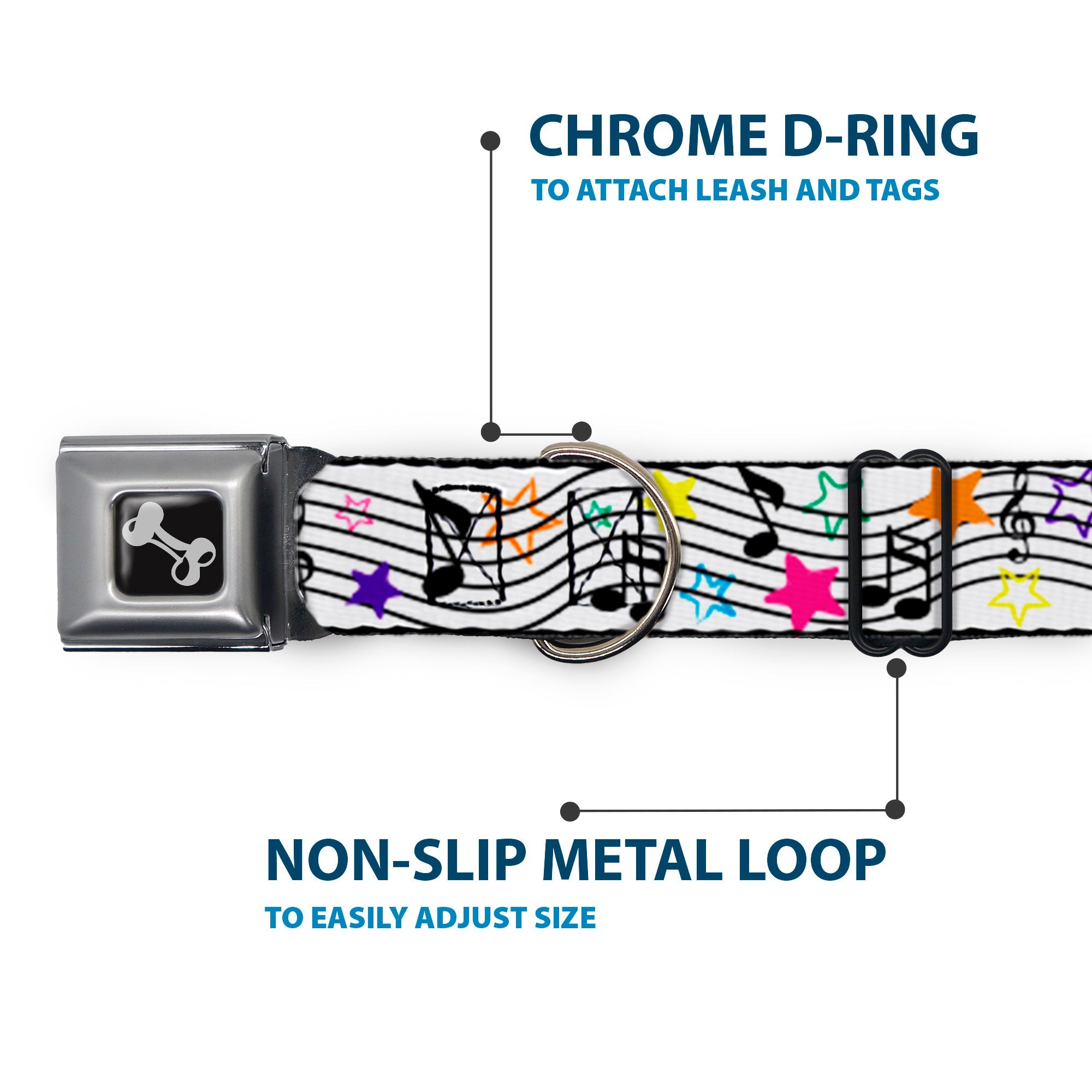 Dog Bone Seatbelt Buckle Collar - Music Notes Stars White/Black/Multi Color