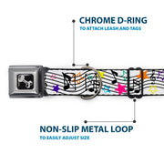 Dog Bone Seatbelt Buckle Collar - Music Notes Stars White/Black/Multi Color