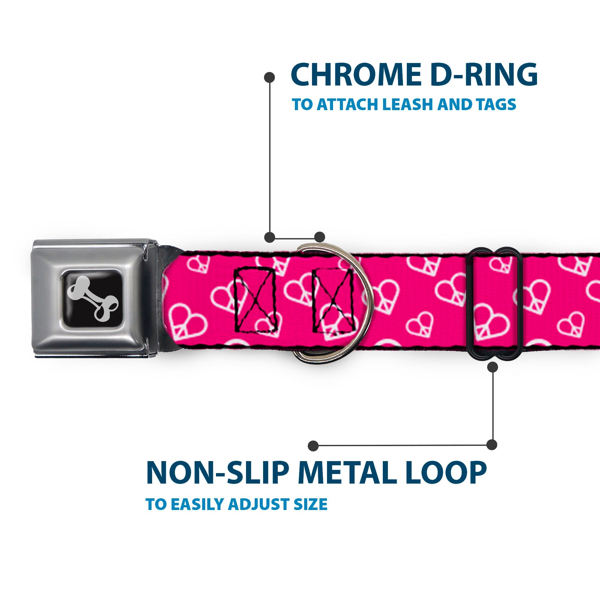 Dog Bone Seatbelt Buckle Collar - Mini Peace Hearts Fuchsia/White