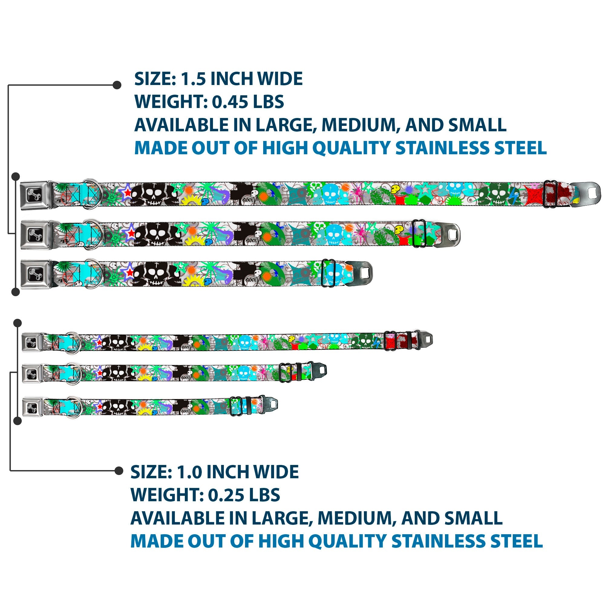 Dog Bone Seatbelt Buckle Collar - Music Skulls Multi Color