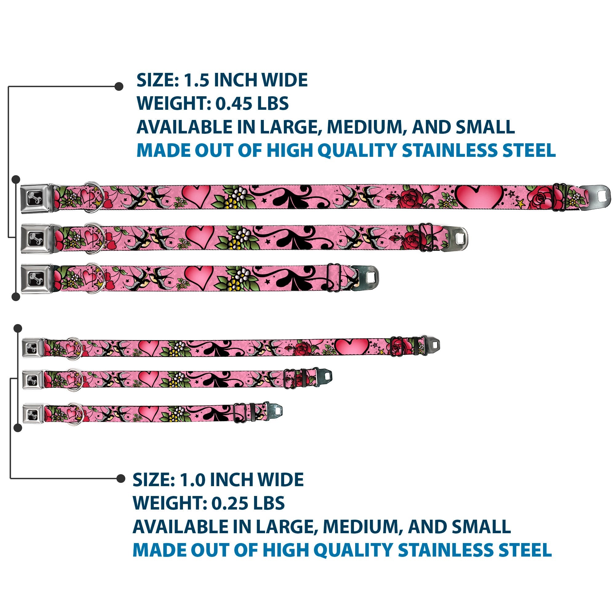 Dog Bone Seatbelt Buckle Collar - Mom & Dad CLOSE-UP Pink w/Sparrows