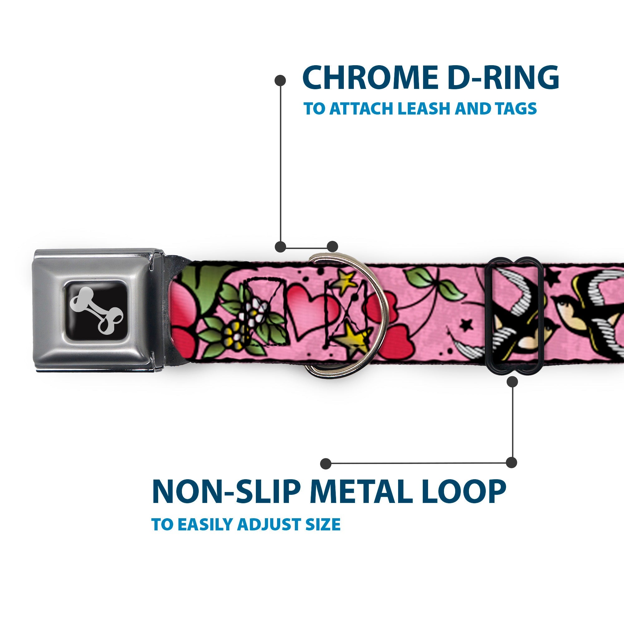 Dog Bone Seatbelt Buckle Collar - Mom & Dad CLOSE-UP Pink w/Sparrows