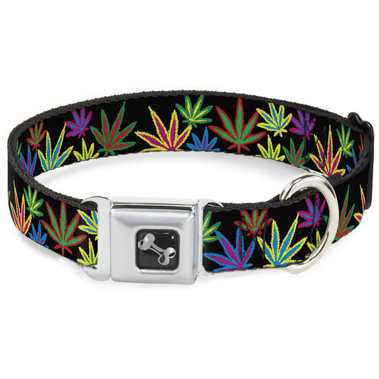 Buckle-Down Seatbelt Buckle Dog Collar - Multi Marijuana Leaves Black/Multi Color