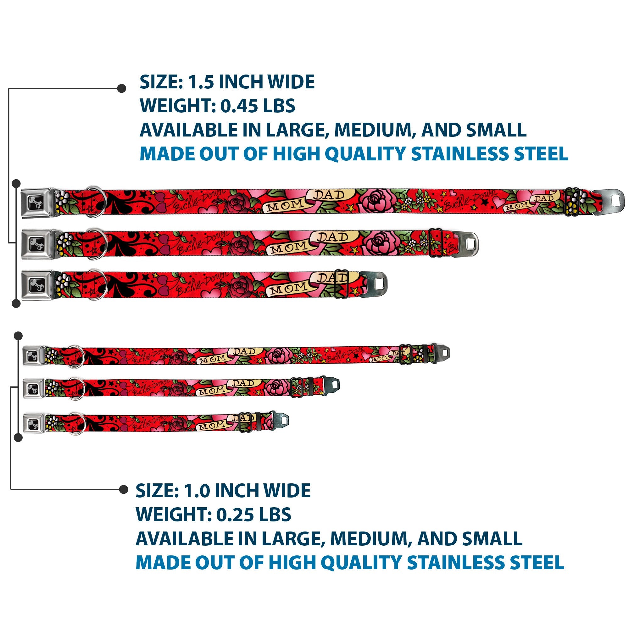 Dog Bone Seatbelt Buckle Collar - Mom & Dad Red