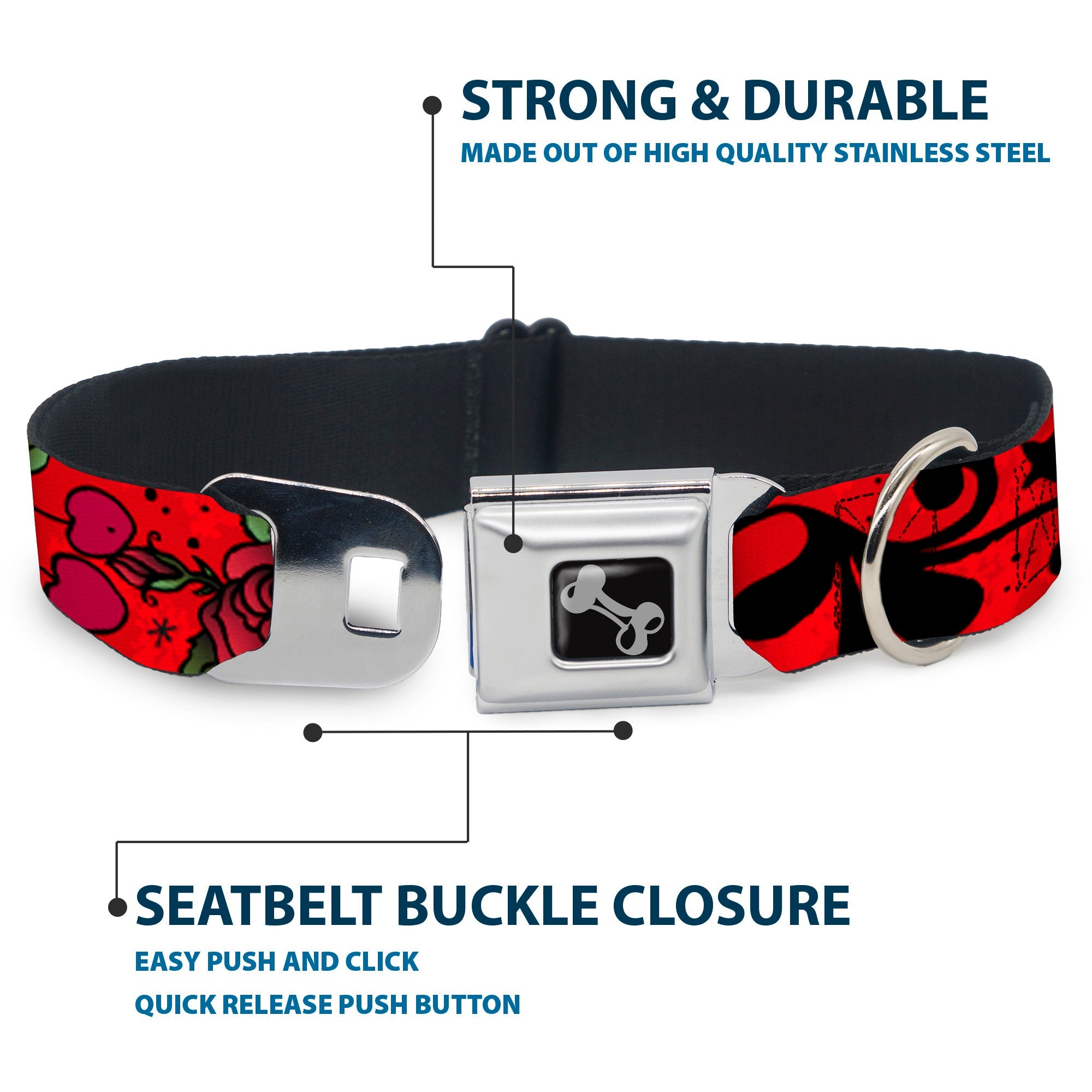 Dog Bone Seatbelt Buckle Collar - Mom & Dad CLOSE-UP Red