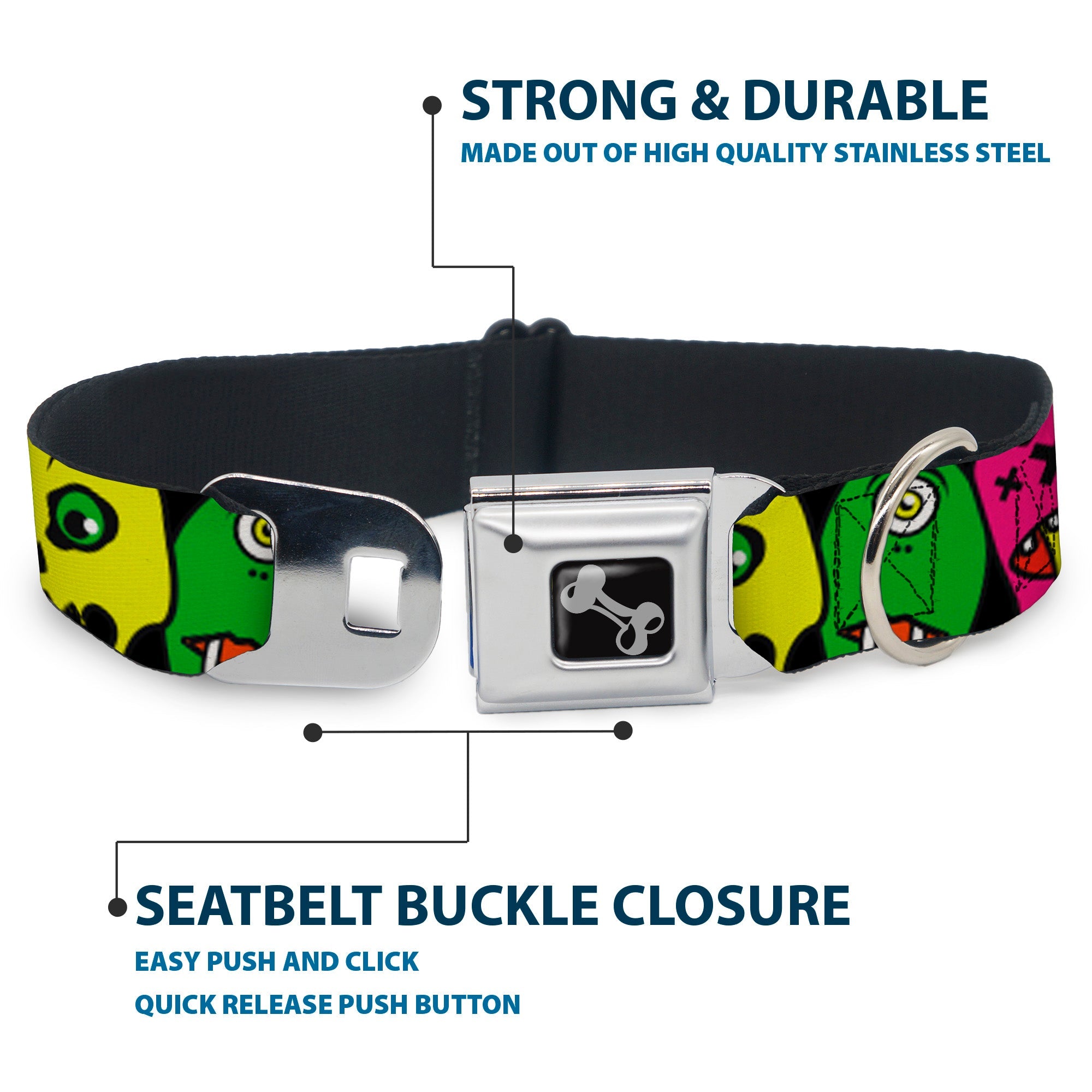 Dog Bone Seatbelt Buckle Collar - Monsters CLOSE-UP Black