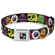 Dog Bone Seatbelt Buckle Collar - Monsters CLOSE-UP Black