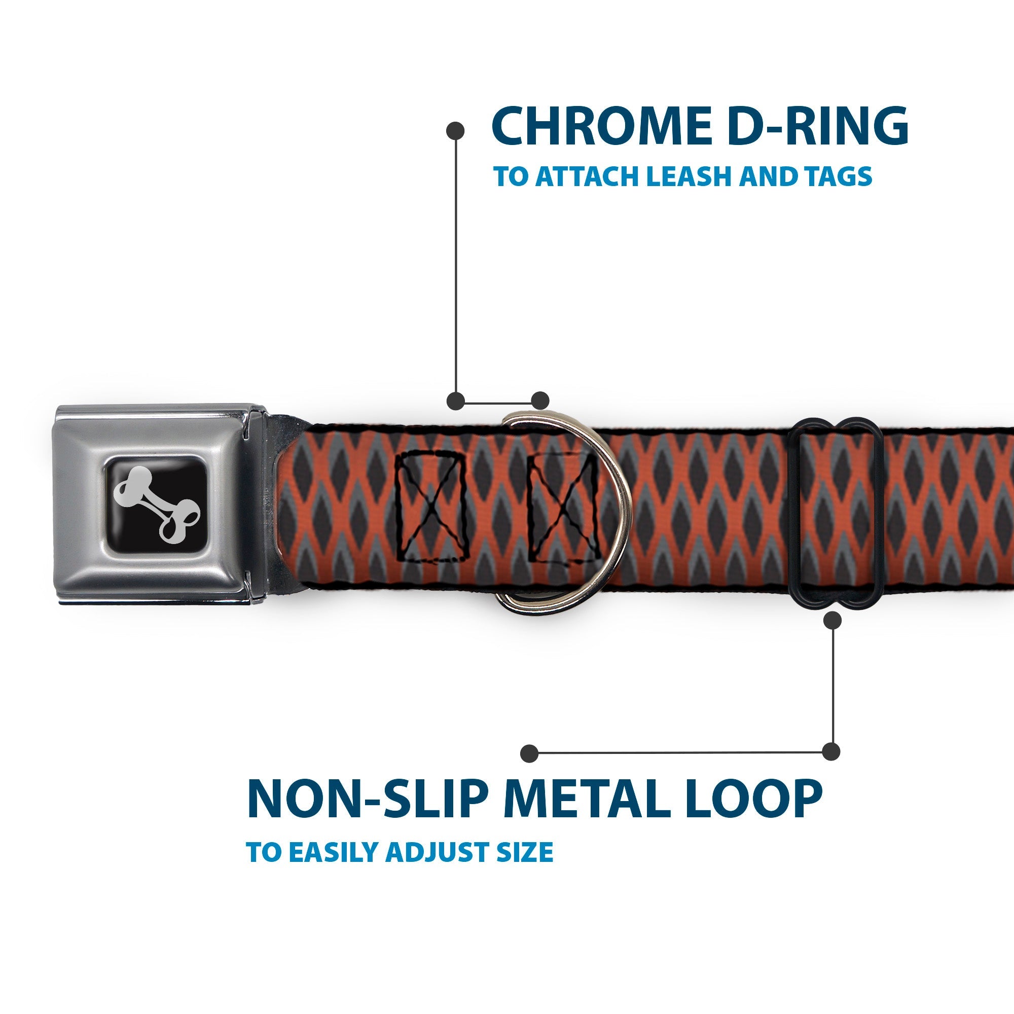 Southlake Paws Dog Bone Seatbelt Buckle Collar in mesh black and brown with chrome D-ring and adjustable metal loop.