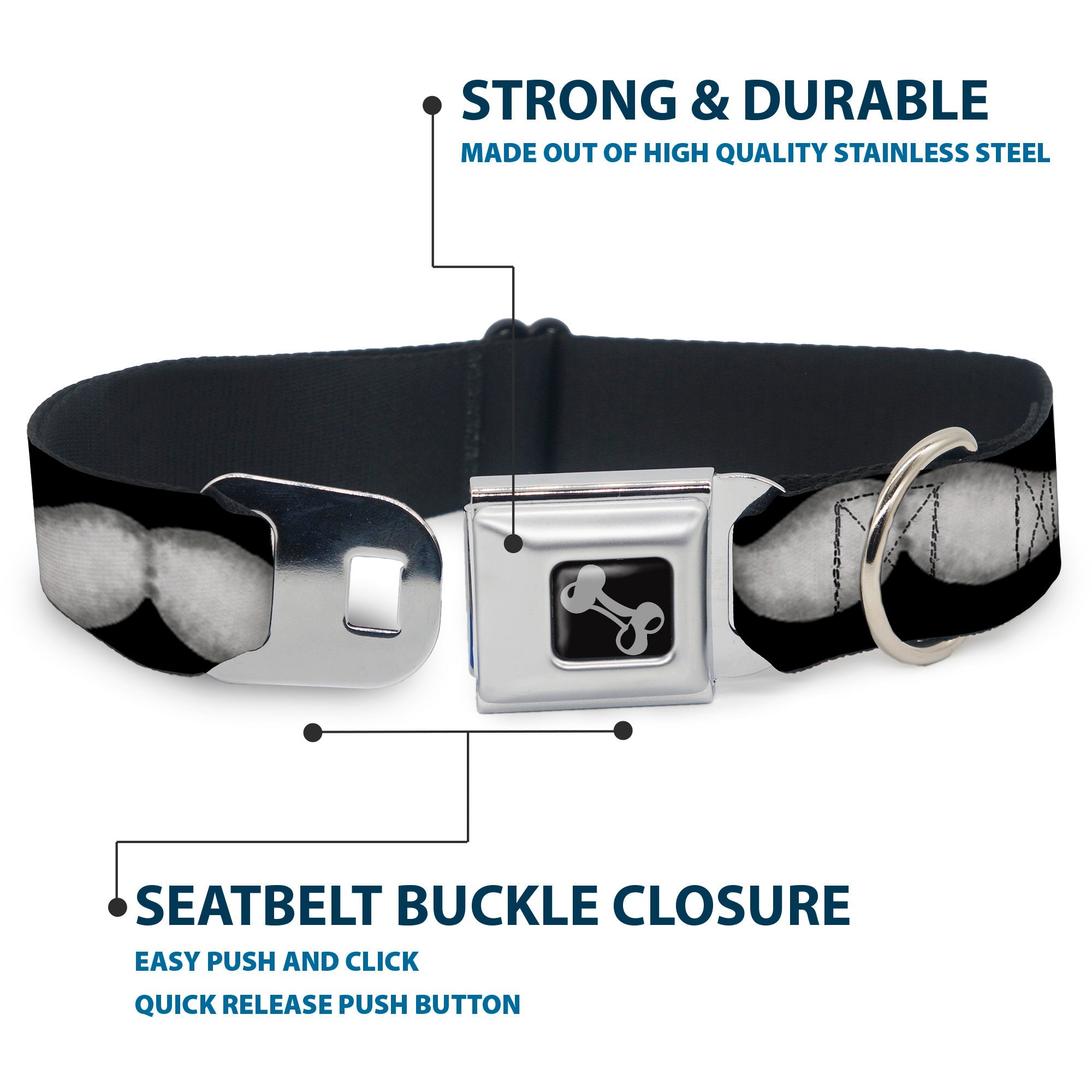 Dog Bone Seatbelt Buckle Collar - Mustaches Black/Sketch