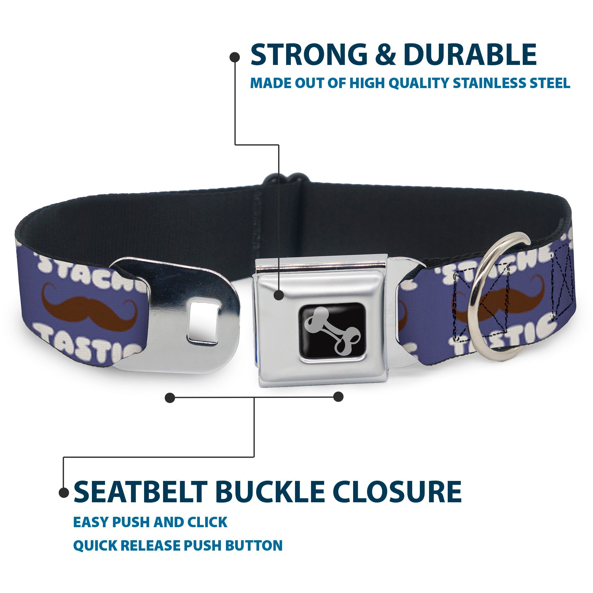 Dog Bone Seatbelt Buckle Collar - Mustache 'Stache-Tastic