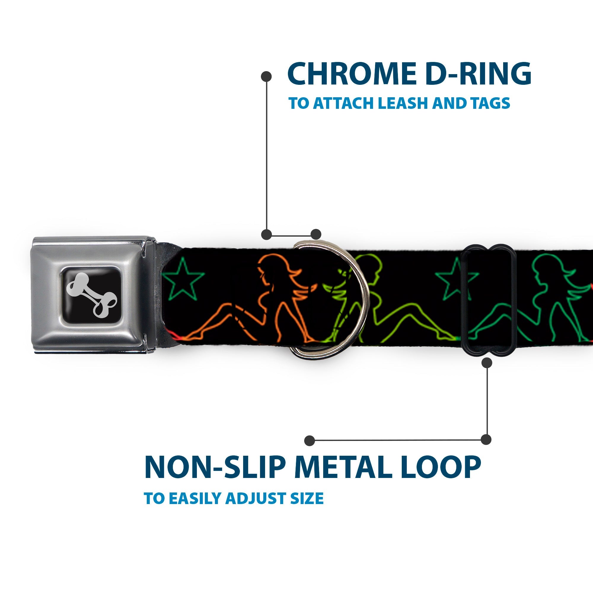 Dog Bone Seatbelt Buckle Collar - Mud Flap Girls w/Star Outline Black/Multi Color