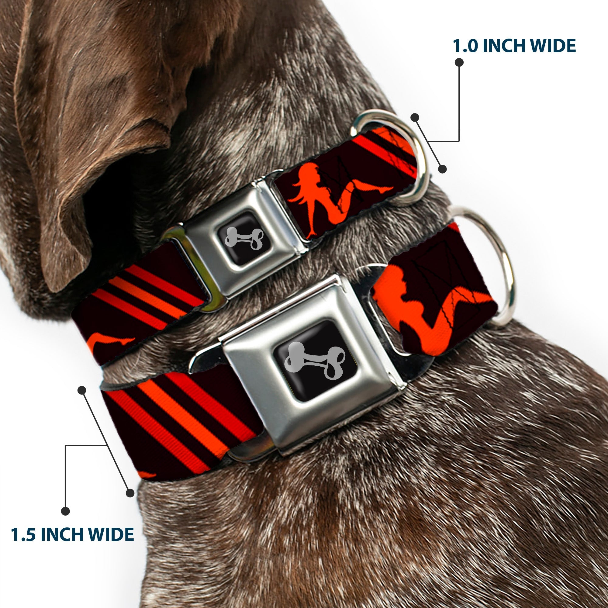 Dog Bone Seatbelt Buckle Collar - Mud Flap Girls w/Stripes Black/Red/Orange