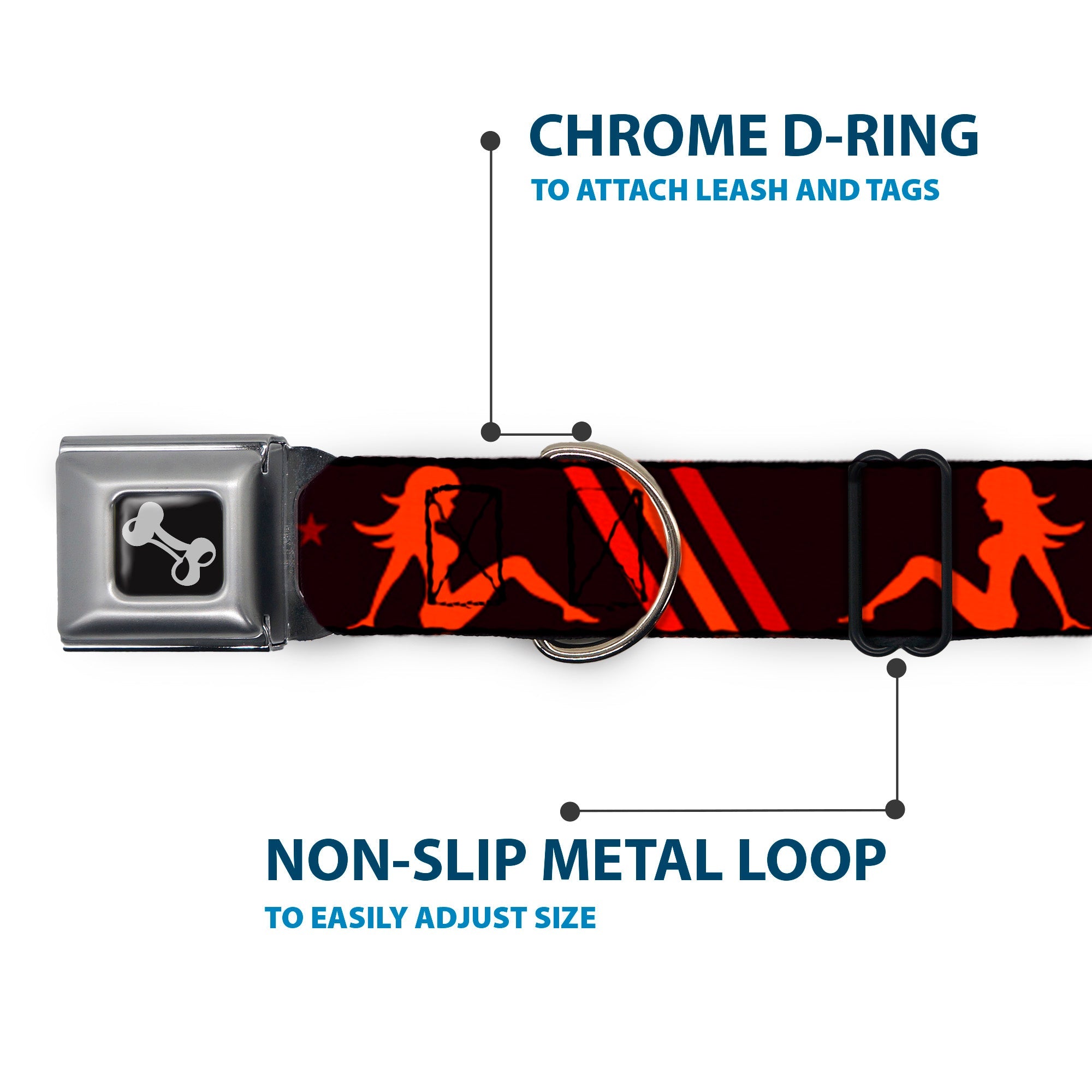 Dog Bone Seatbelt Buckle Collar - Mud Flap Girls w/Stripes Black/Red/Orange