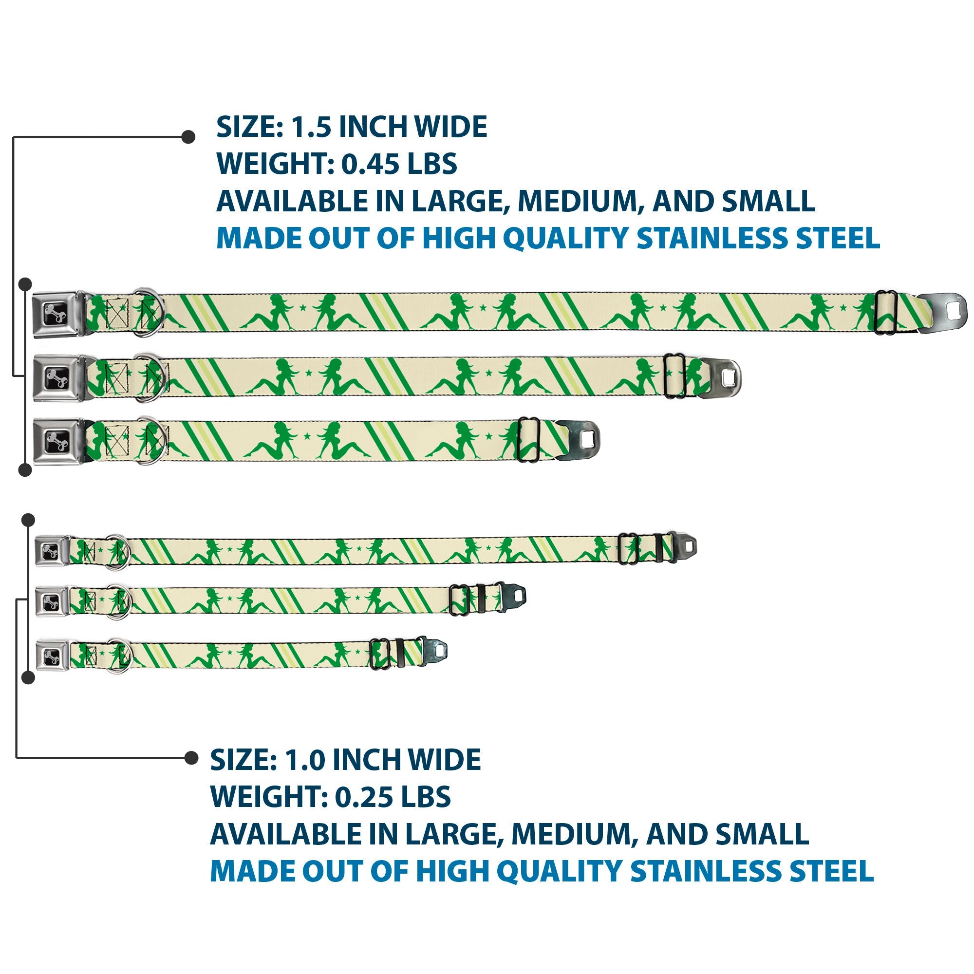 Dog Bone Seatbelt Buckle Collar - Mud Flap Girls w/Stripes Tan/Green/Lime Green