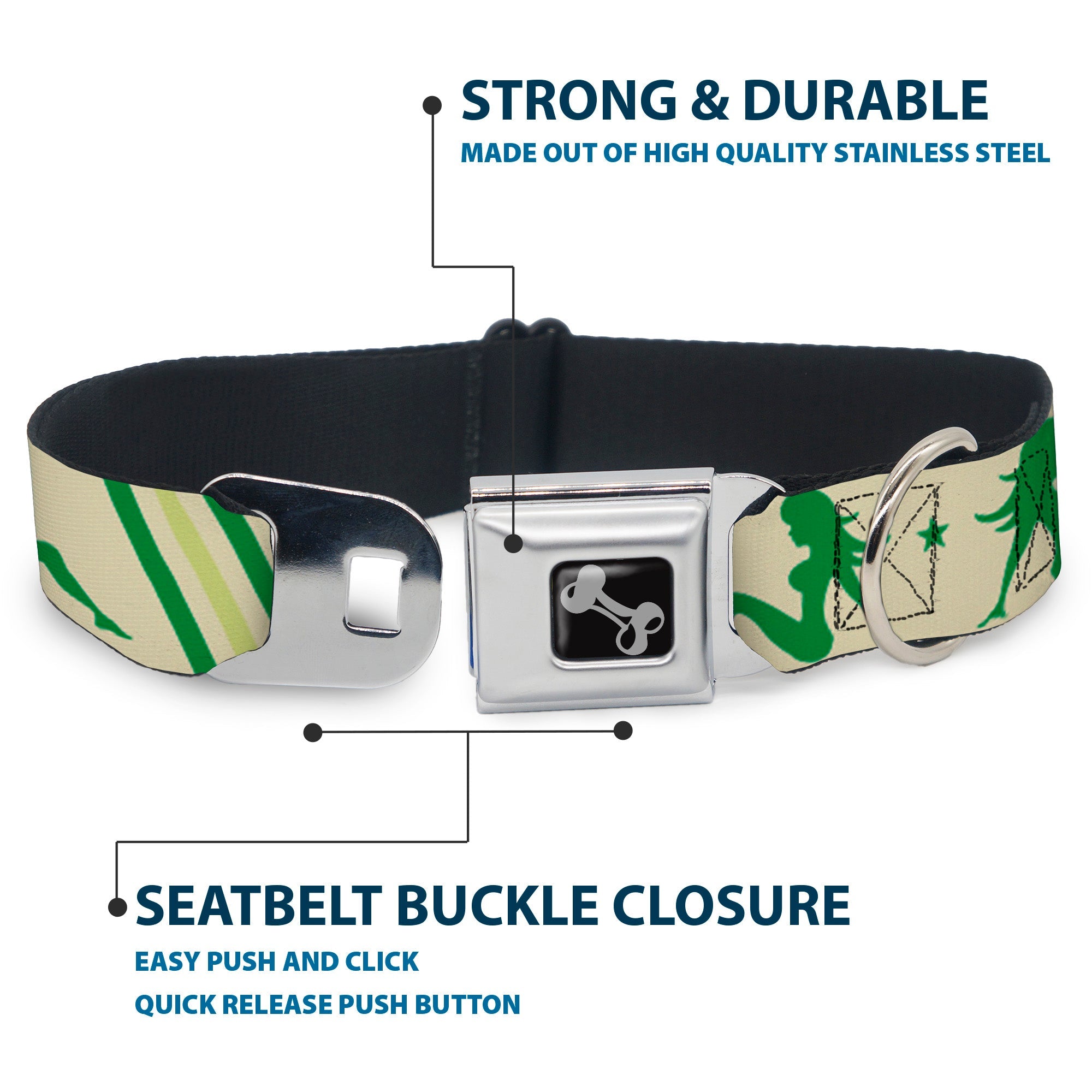Dog Bone Seatbelt Buckle Collar - Mud Flap Girls w/Stripes Tan/Green/Lime Green