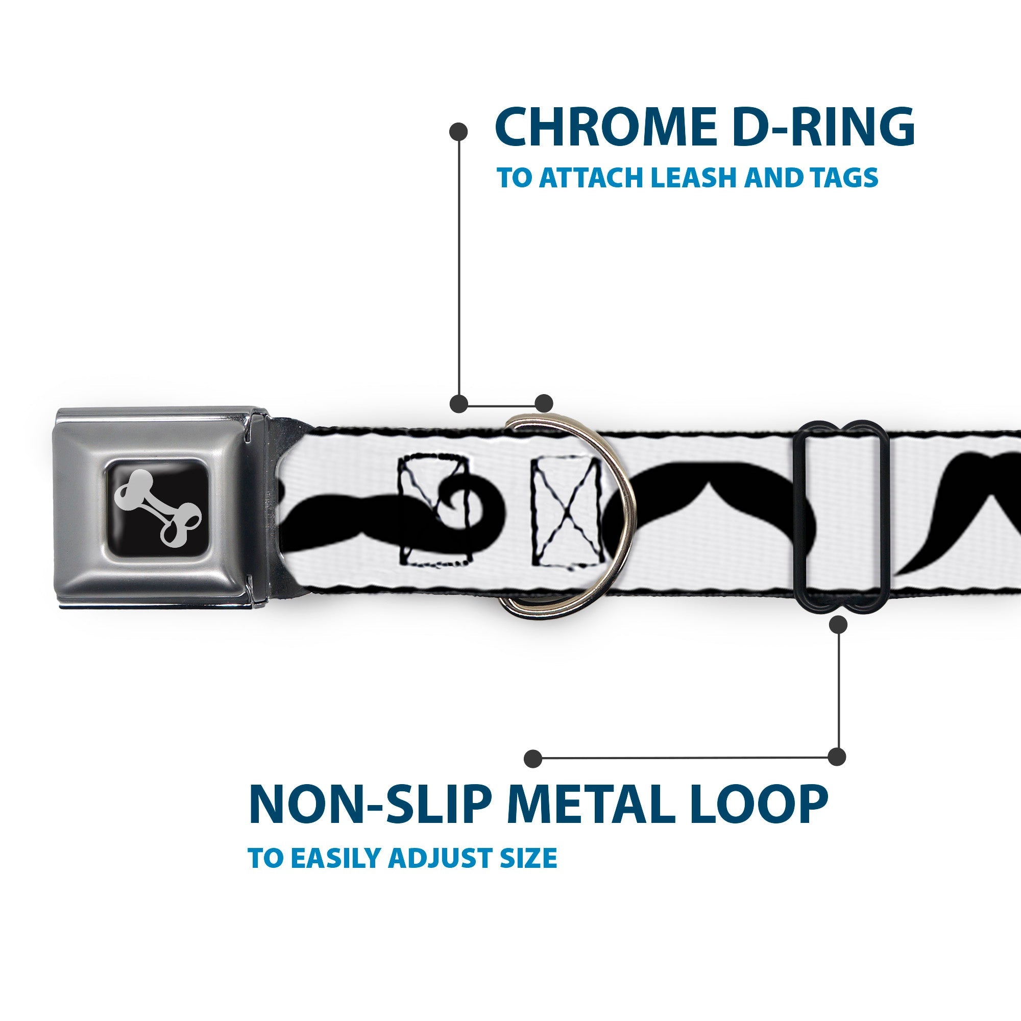 Dog Bone Seatbelt Buckle Collar - Mustaches Straight White/Black